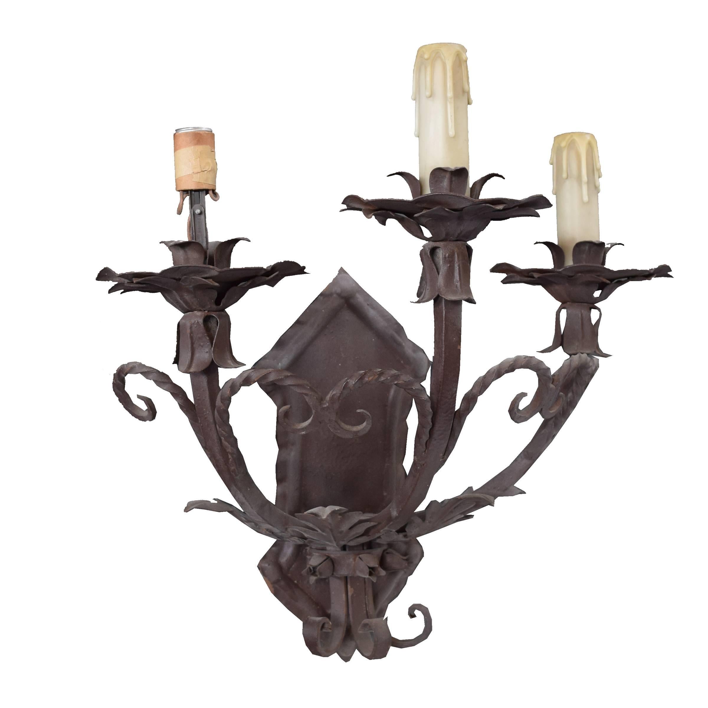 An Argentine wrought iron sconce with three scrolled arms and acanthus leaf and floral bud details, circa 1920.
 