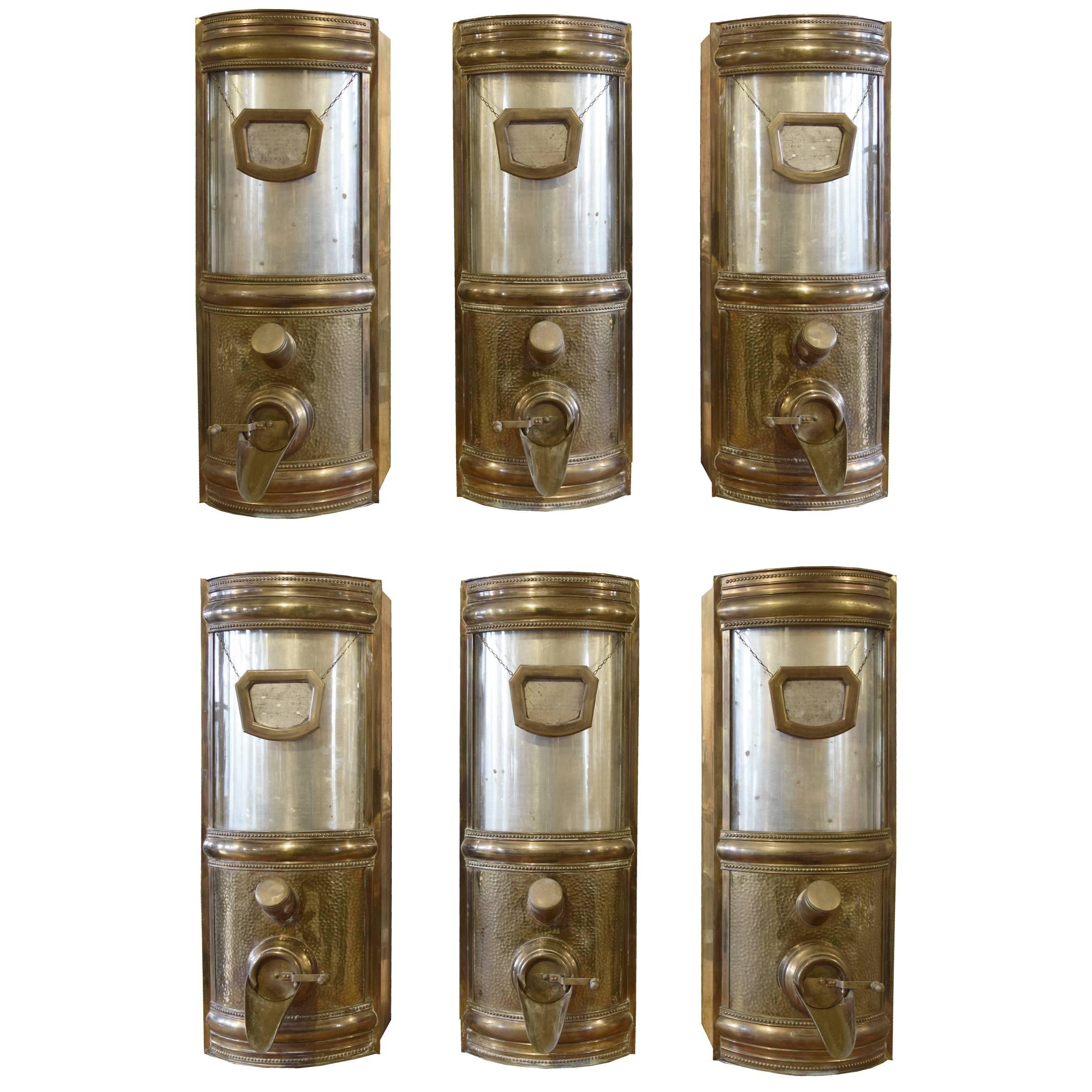 Set of Six Brass and Glass Coffee Bean Dispensers