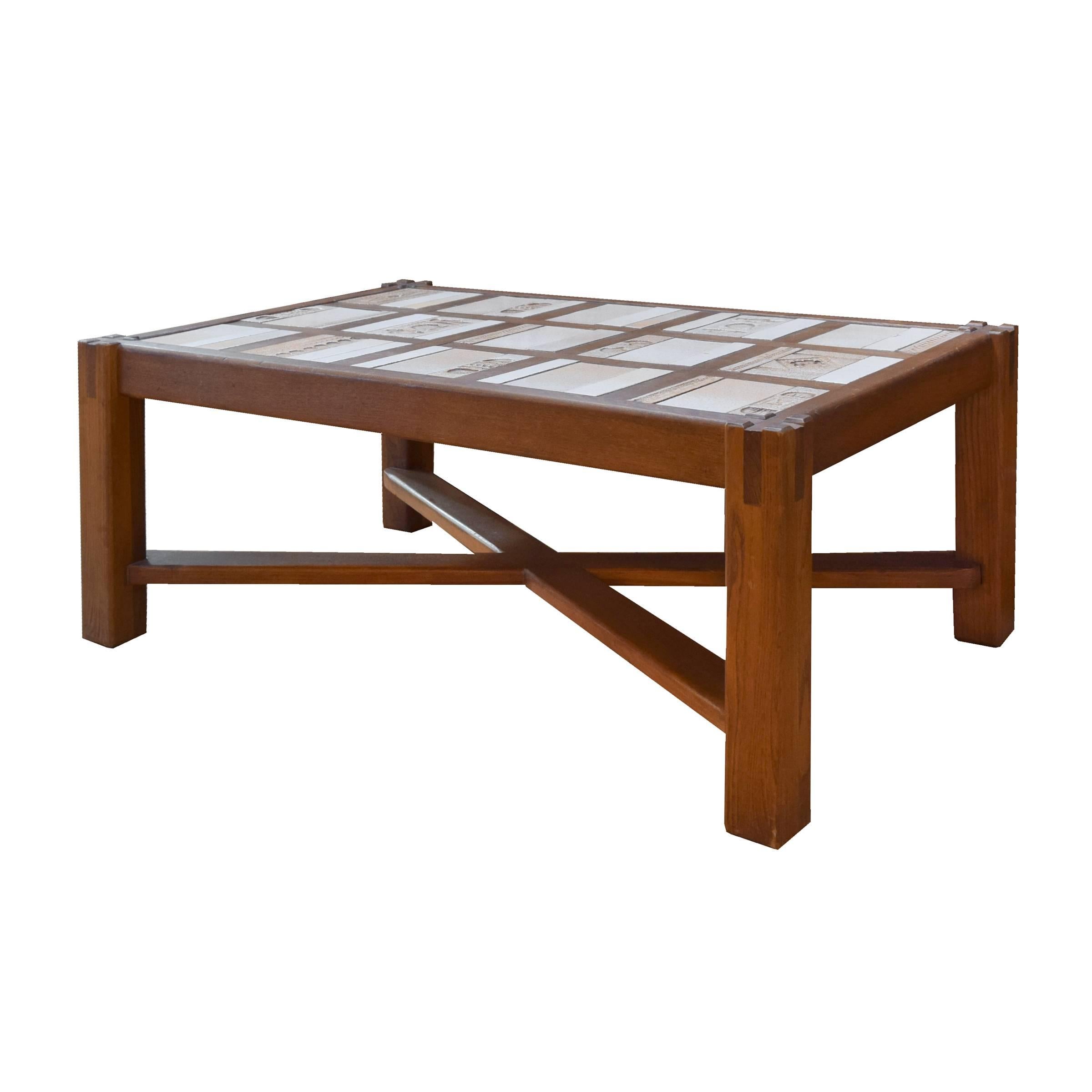 Mid-Century Modern French Tile and Wood Coffee Table