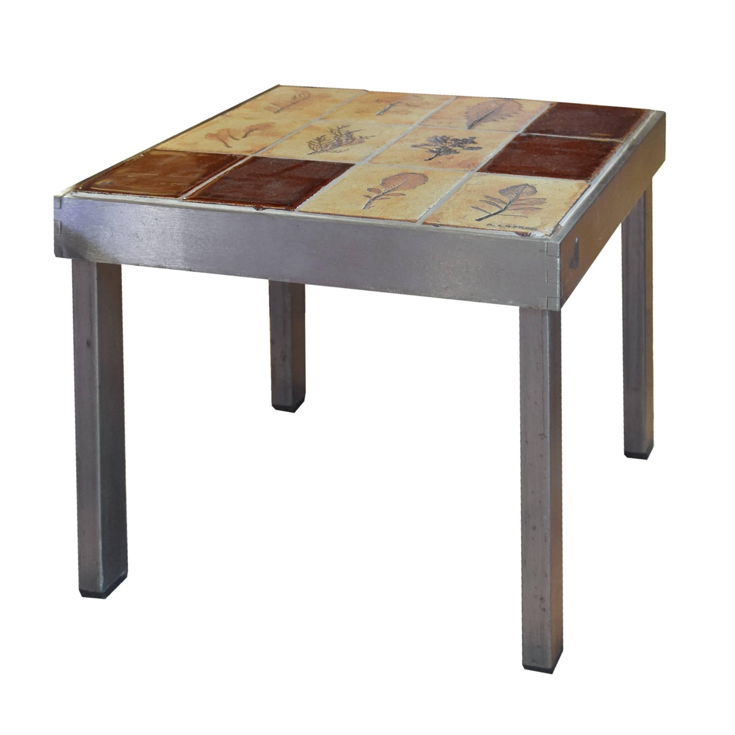 Pair of French Midcentury Steel and Tile Tables by Roger Capron 1