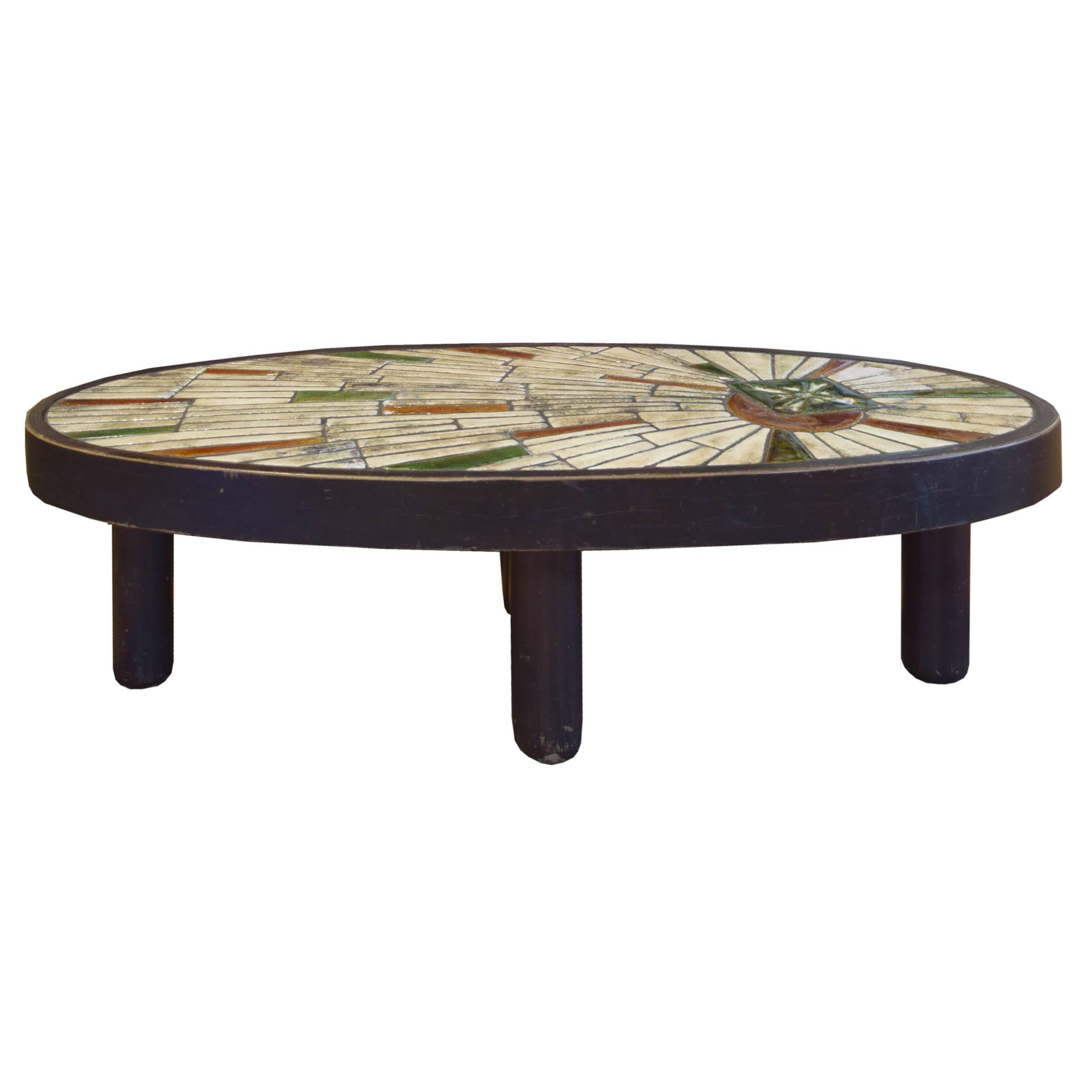 French Midcentury Wood and Tile Table by Barrois for Vallauris