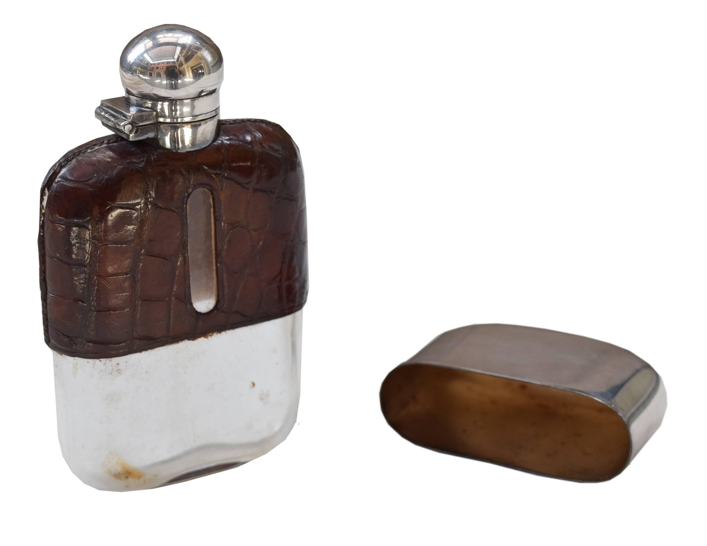 English Petite Leather and Silver Plated Flask