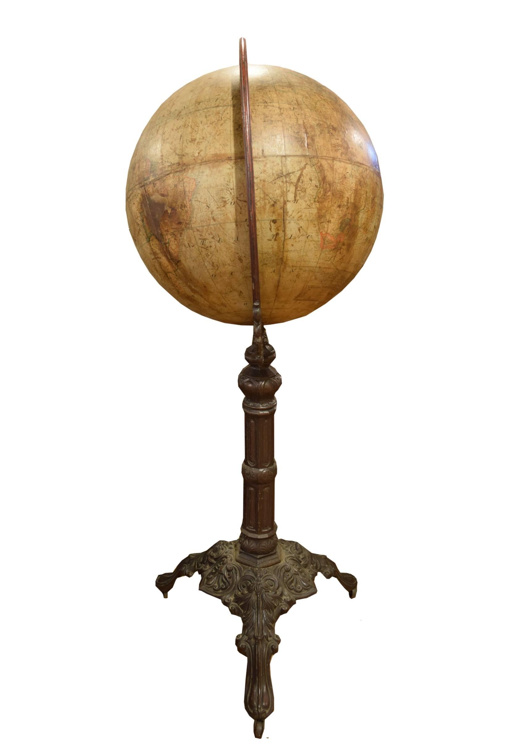 A rare circa 1870, 20” globe by award winning globe maker Joseph Schedler. Schedler was a German immigrant who worked in New York and New Jersey. While other globes of this time tended to be printed in black on white and then colored by hand,