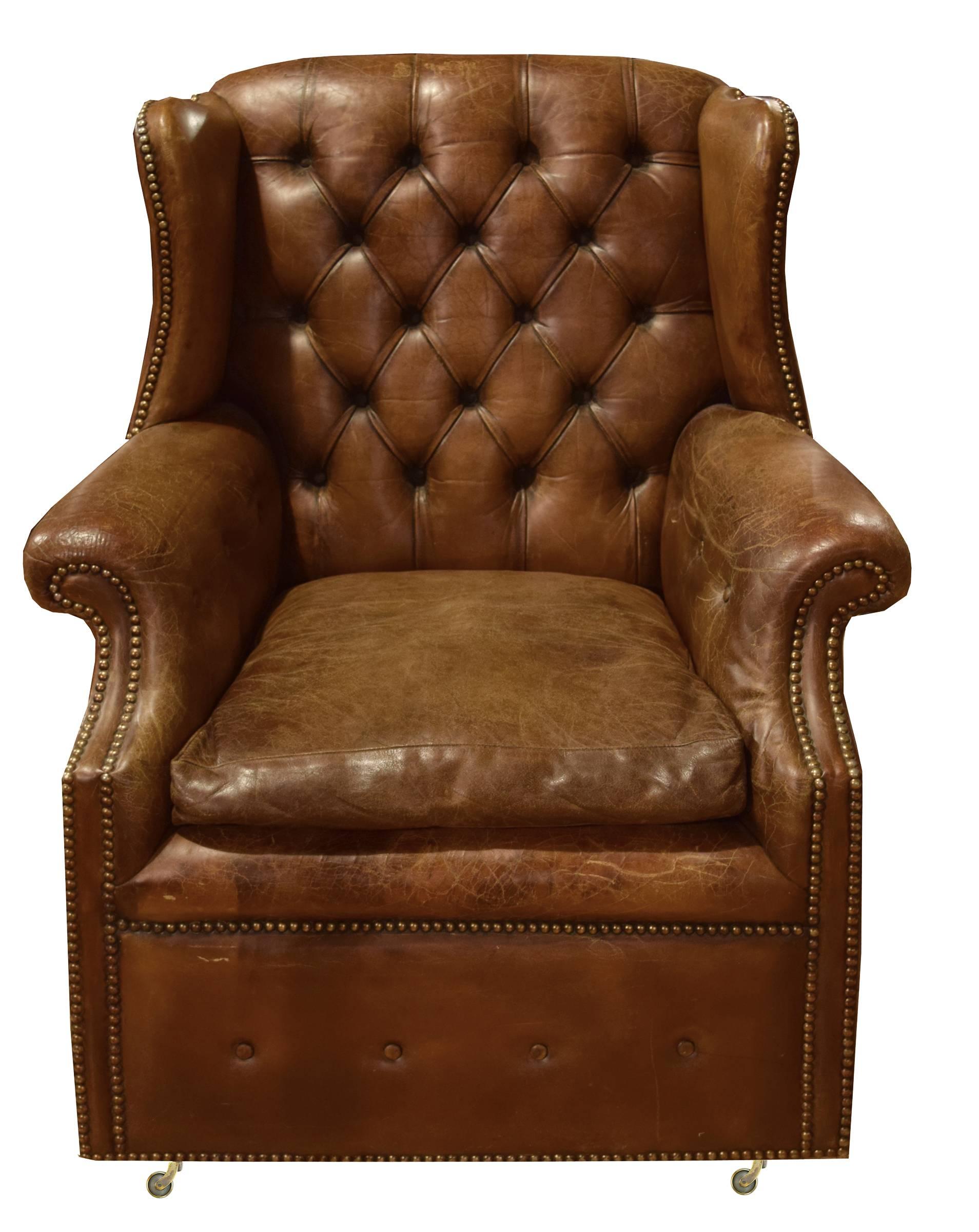 Italian Tufted Leather Wing Chair 2