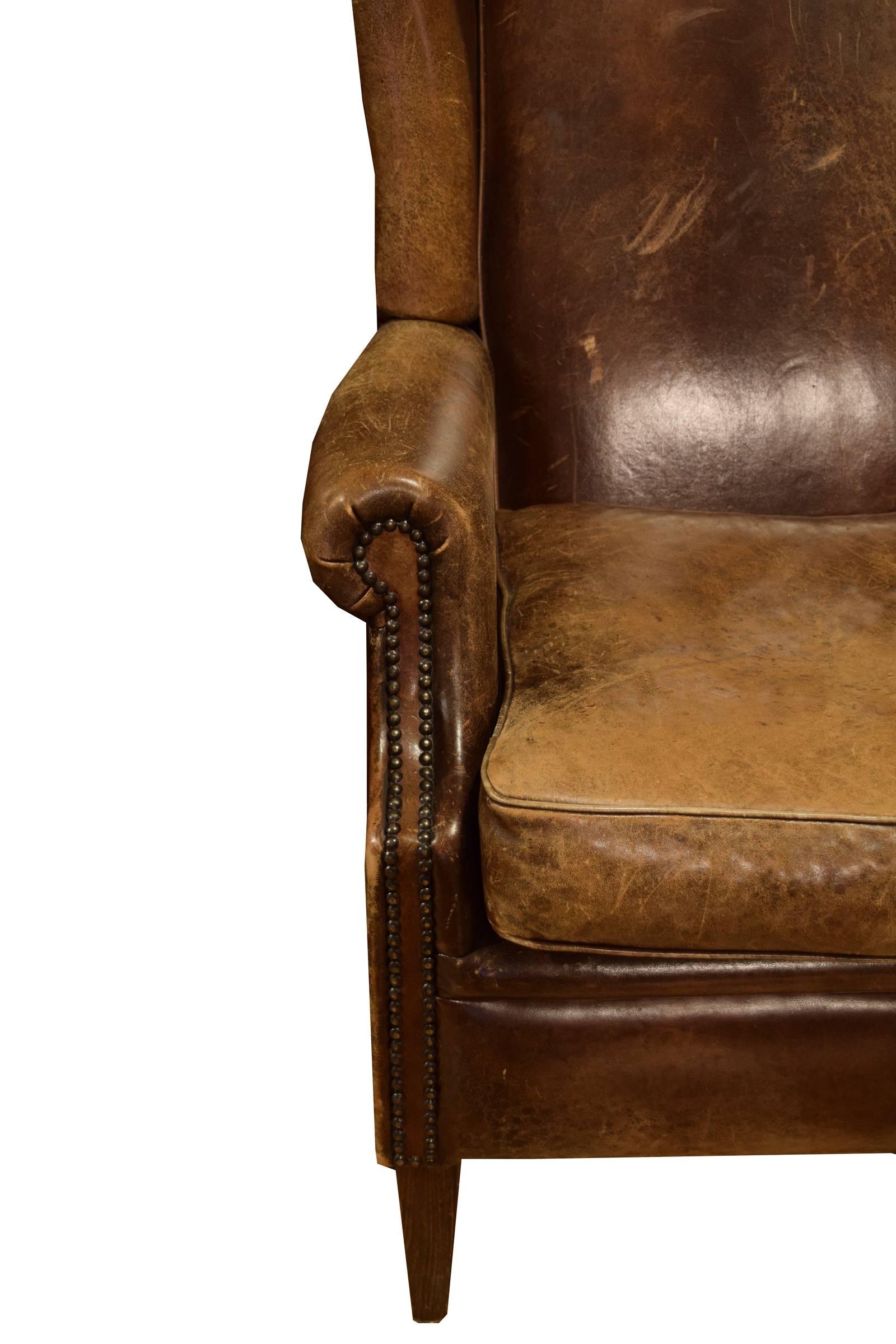Leather Wingback Chair from Italy In Excellent Condition In Chicago, IL