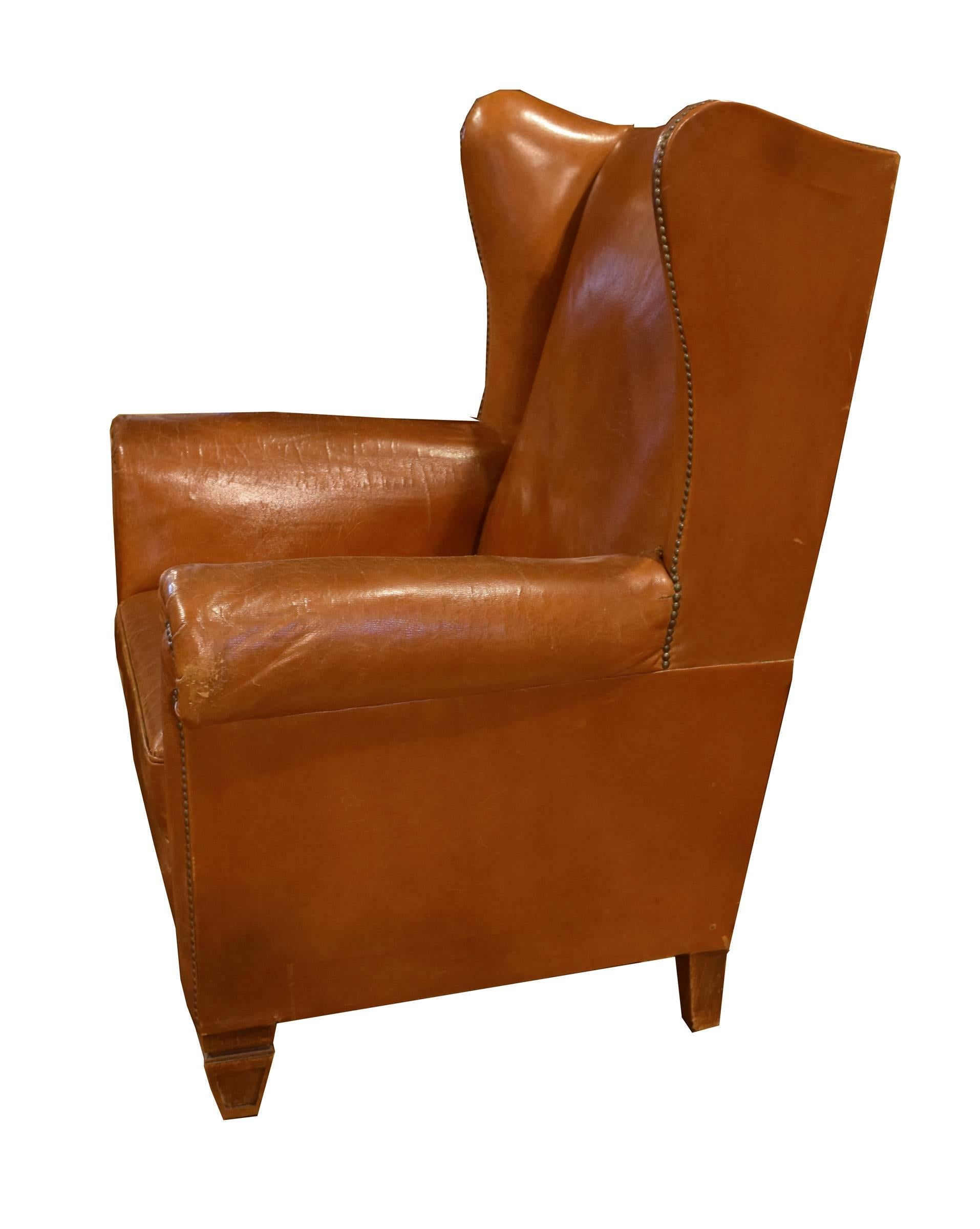 Italian Leather Wingback Chair In Excellent Condition In Chicago, IL