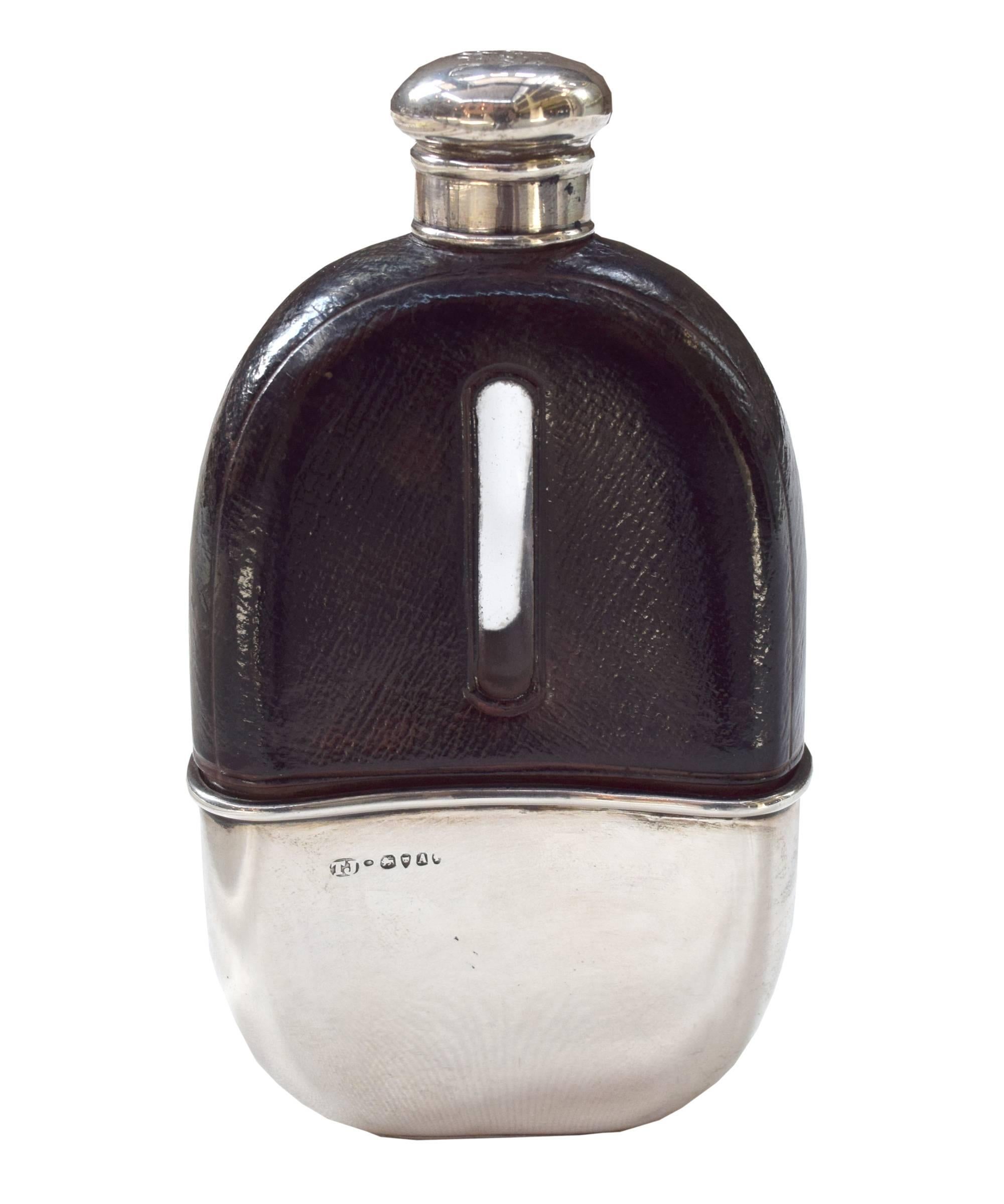 Sterling and Leather Thomas Jenkins of London Flask In Excellent Condition In Chicago, IL