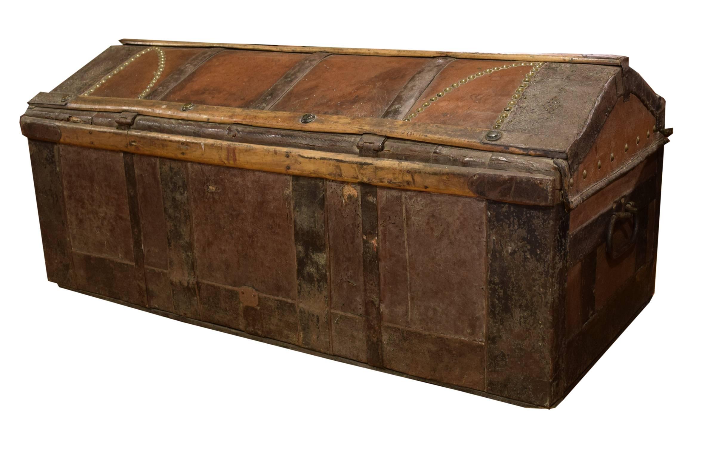 19th Century Italian Leather and Wood Trunk