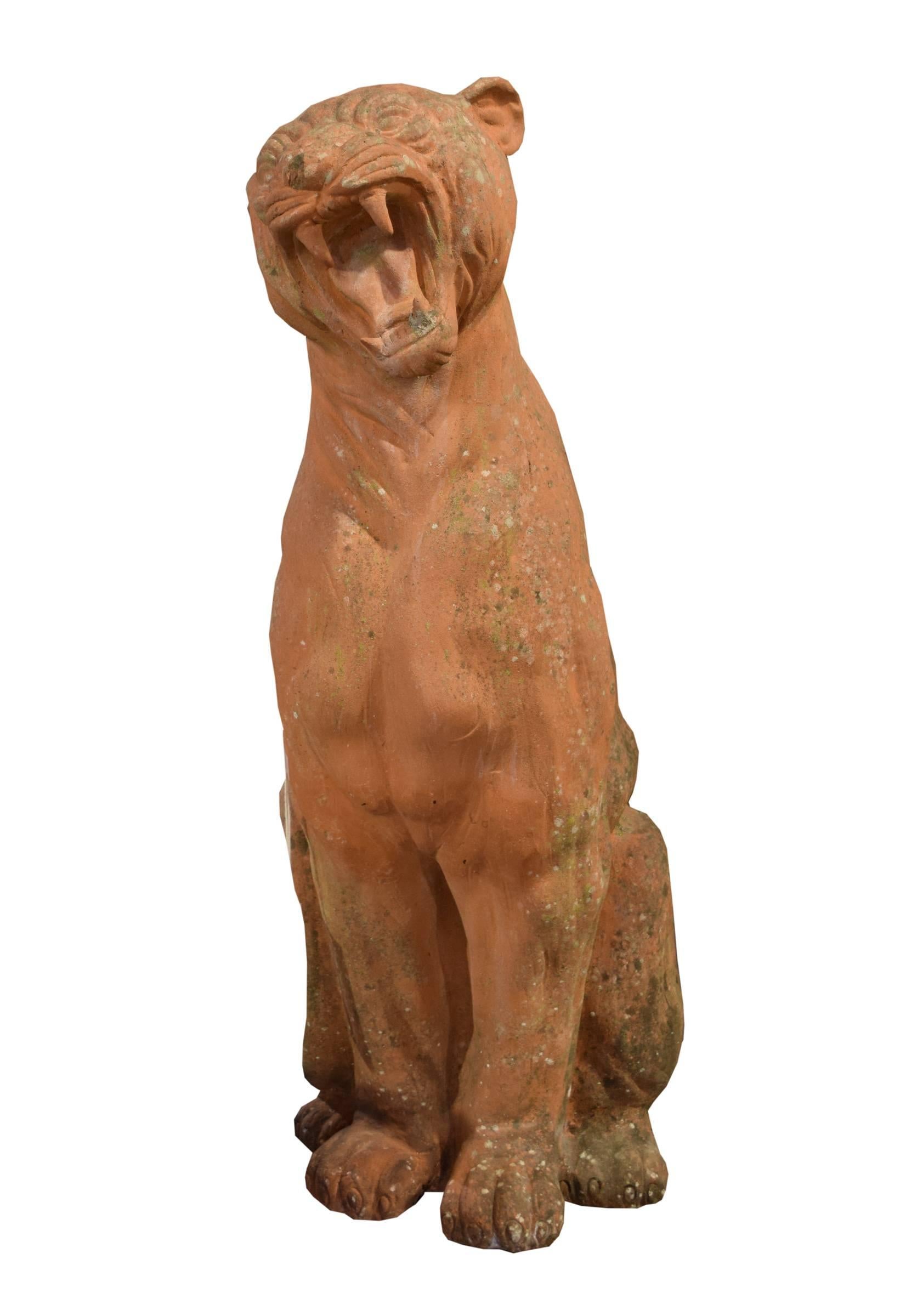 A fierce mid-20th century Italian terracotta garden panther with a great patina.