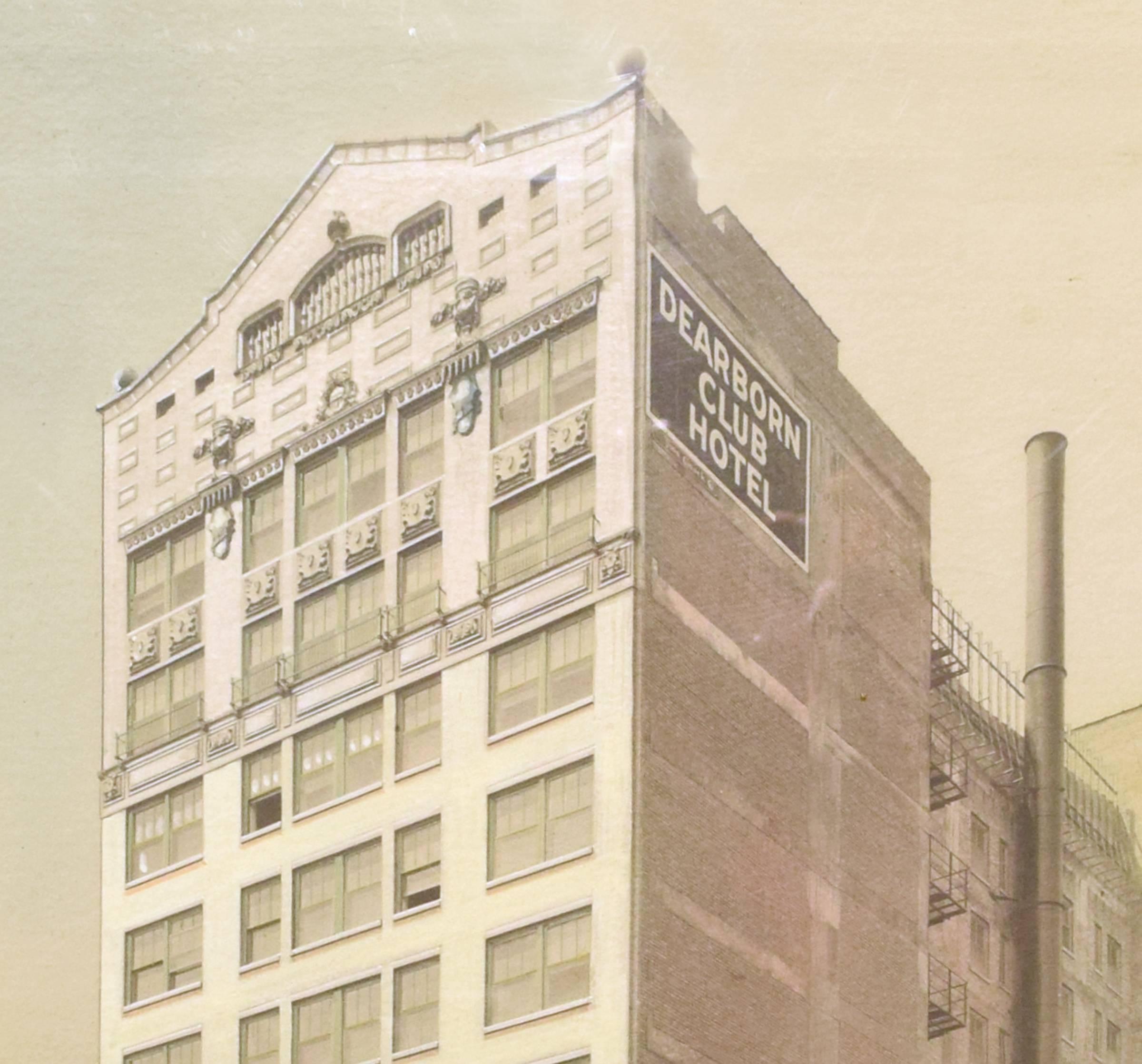 A hand-colored presentation photograph of the Hotel Claridge, in its beautiful original frame, at 1244 N Dearborn Parkway, 1926.  The photograph also has hand-applied renderings including the canopy frame sticking out from the entrance, and possibly