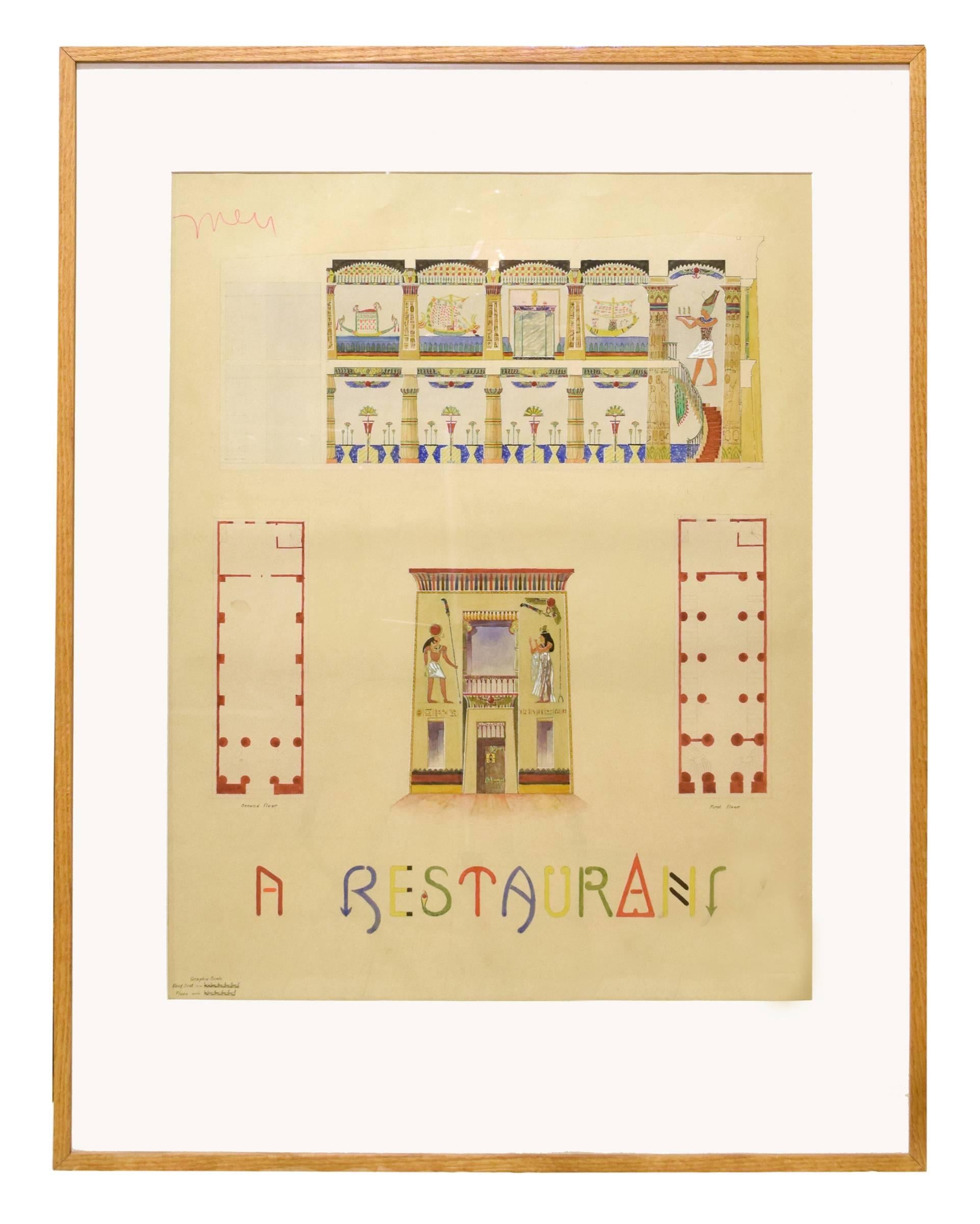 Set of four architectural presentation renderings from the University of Illinois Architecture Department. Included in the set is a drawing of ancient Rome, an Egyptian themed restaurant, a deco swimming pool, and the most perfect French house.
