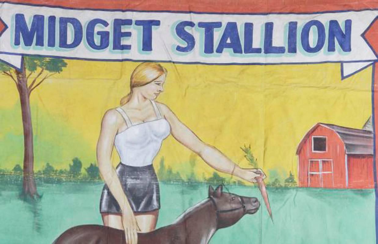 A fantastic carnival sideshow banner depicting a woman and miniature horse titled ‘Midget Stallion’ and signed ‘J. Sigler TAMPA’ lower left, fastened with metal grommets on leather straps at the corners. This banner was created by the prolific