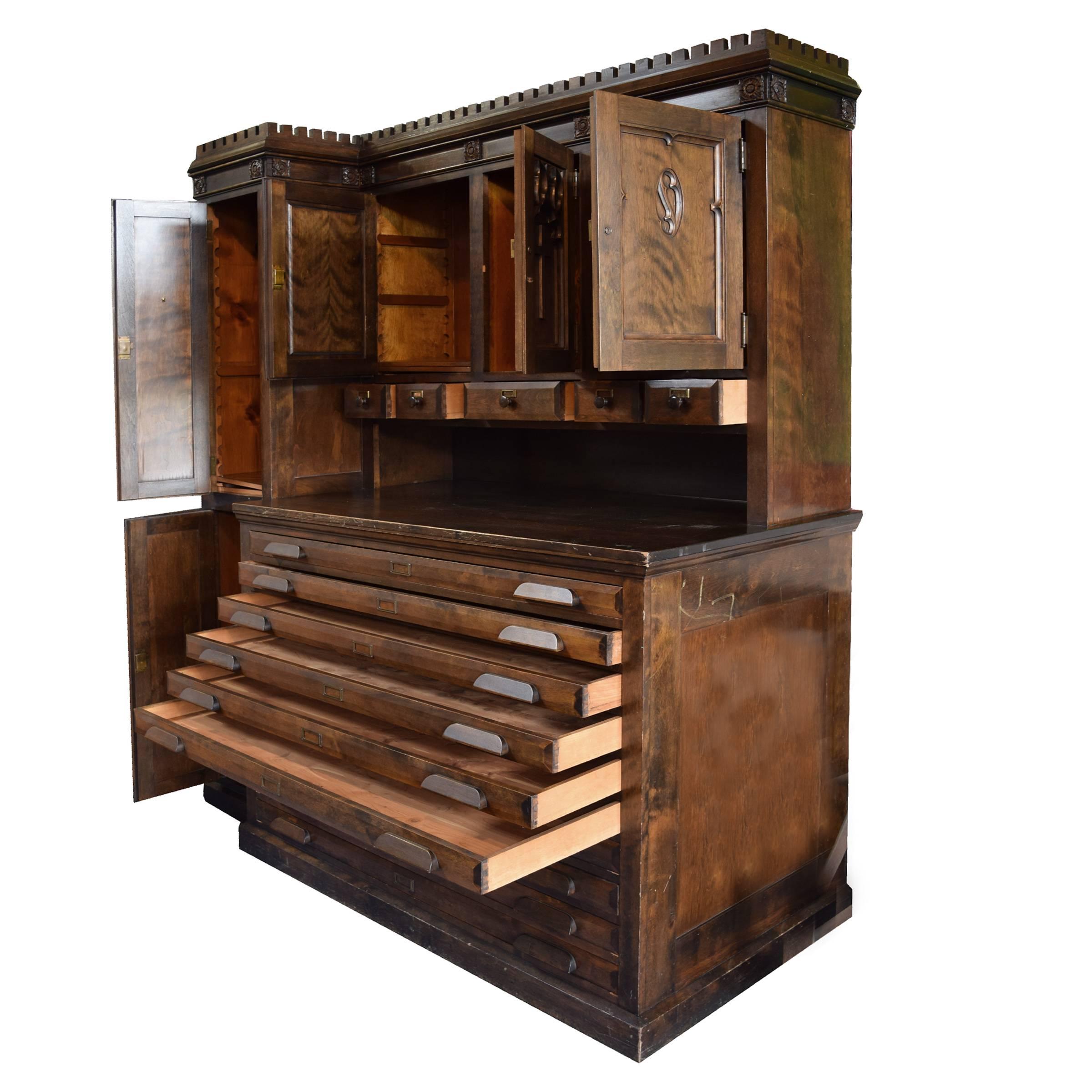 An American cabinet used for storing vestments and sacred vessels in a Catholic church. This cabinet features 15 drawers and five doors, all cedar lined.

Counter height is 40.5