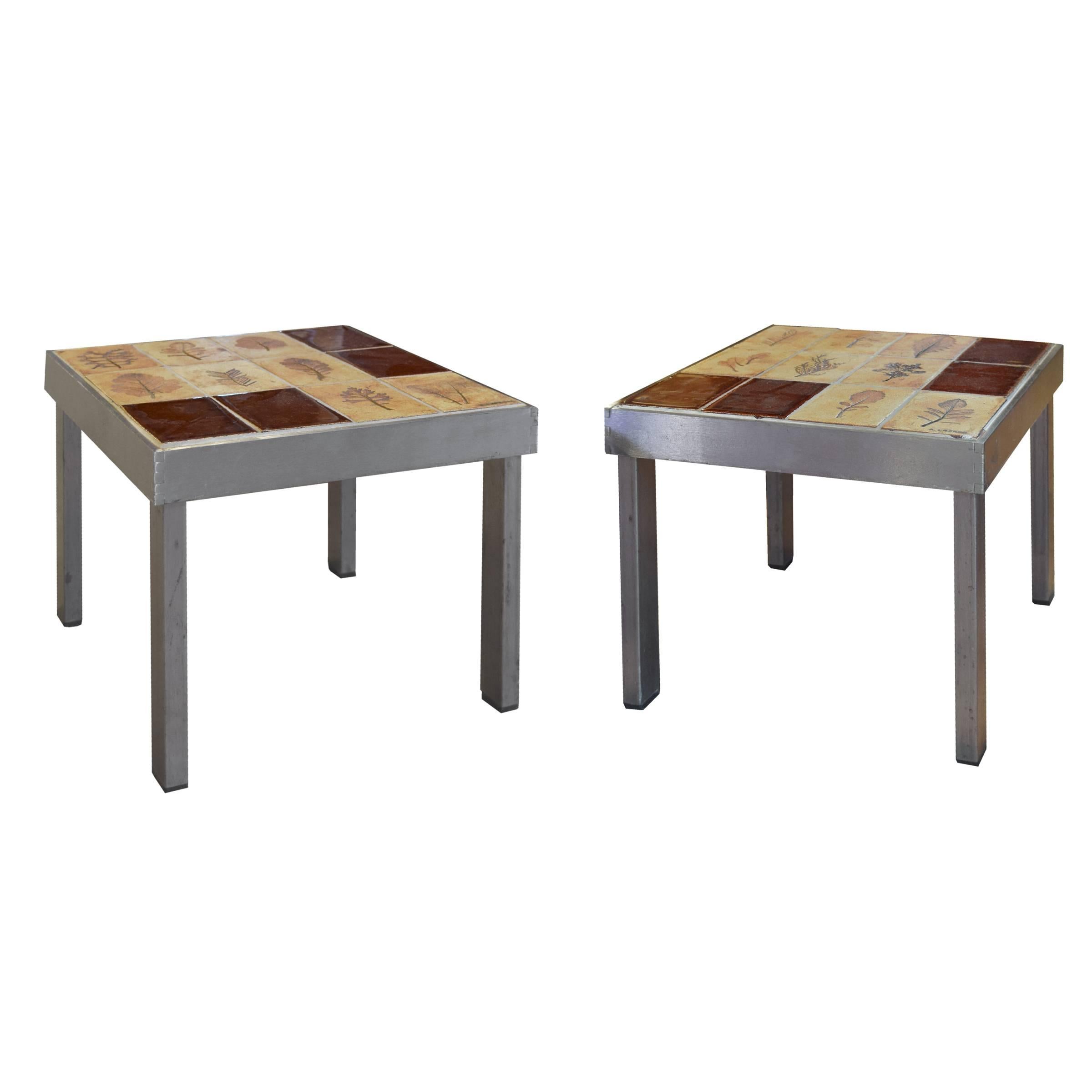 Pair of French Midcentury Steel and Tile Tables by Roger Capron