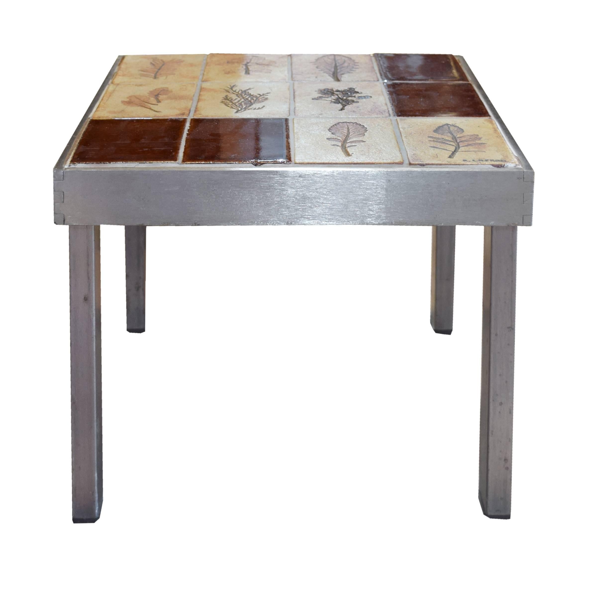 Ceramic Pair of French Midcentury Steel and Tile Tables by Roger Capron