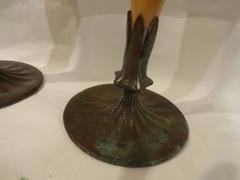 Pair Tiffany Style Favrile Gold Glass Trumpet Form Vases
