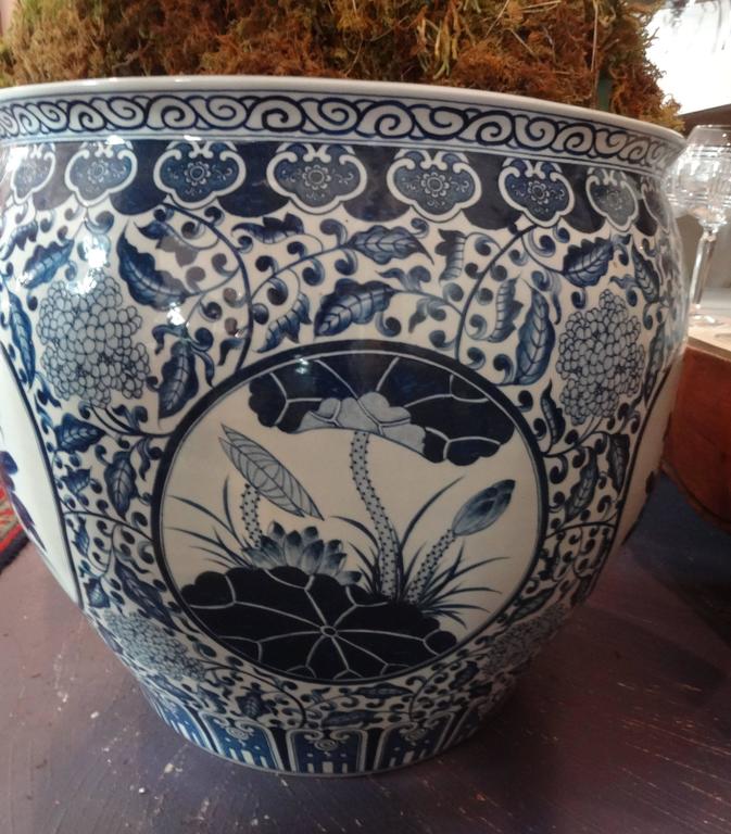 Pair of Extra Large Blue and White Chinese Fish Bowls and Planters For