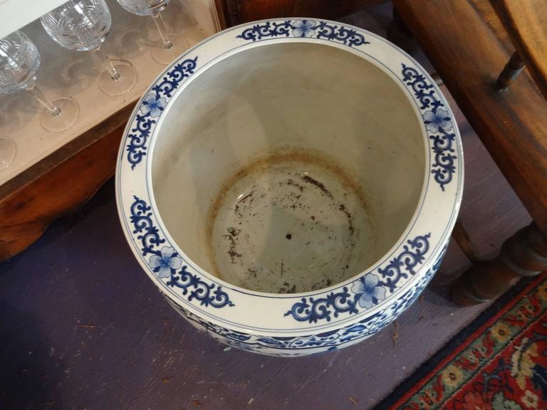 Pair of Extra Large Blue and White Chinese Fish Bowls and Planters For