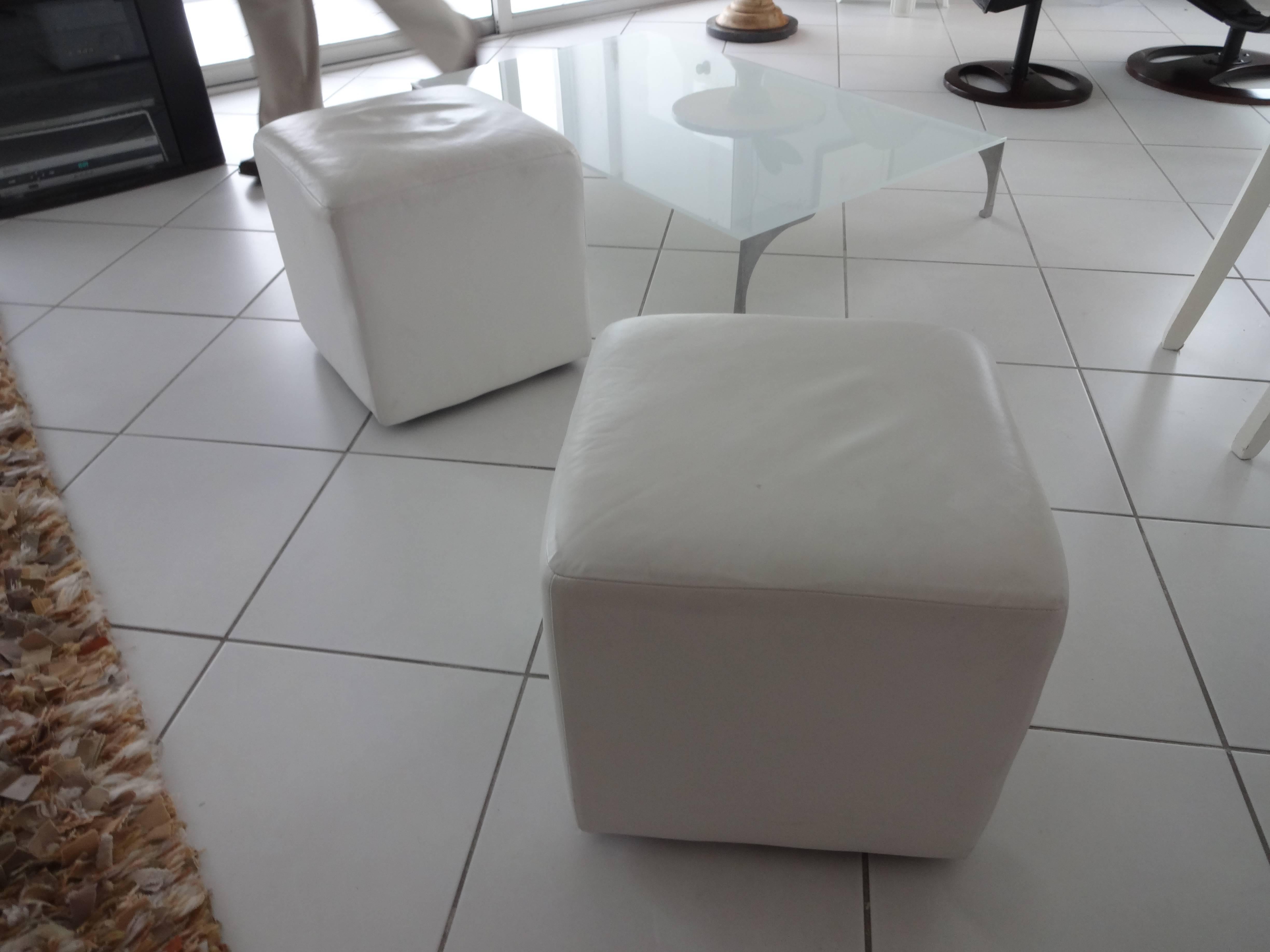 French Pair of Roche Bobois White Leather Cubes