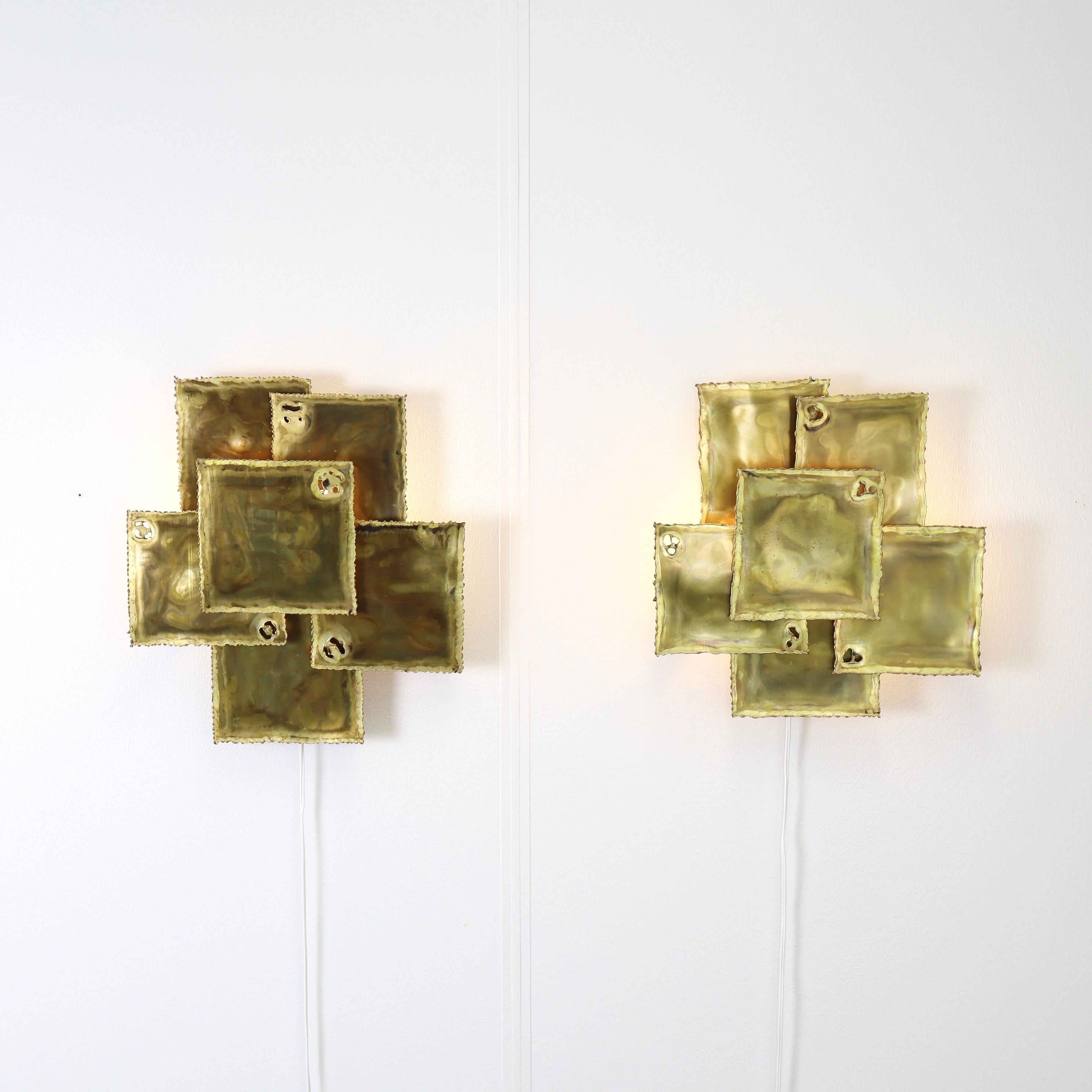 Brutalist Pair of Large Brass Wall Lamps by Svend Aage Holm Sorensen, 1960s, Denmark For Sale