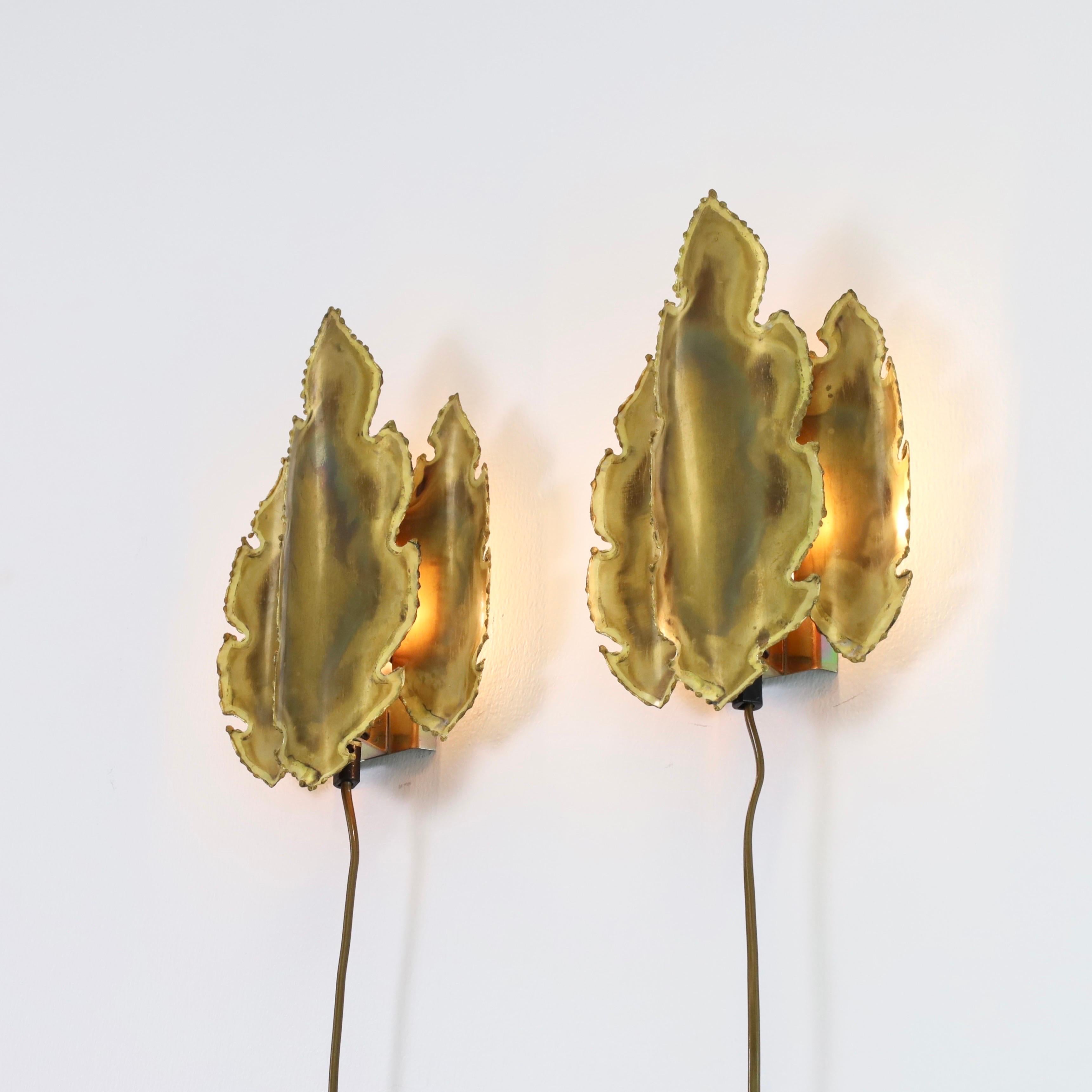 Metal Pair of Leaf-Shaped Brass Wall Lamps by Svend Aage Holm Sorensen, 1960s, Denmark For Sale