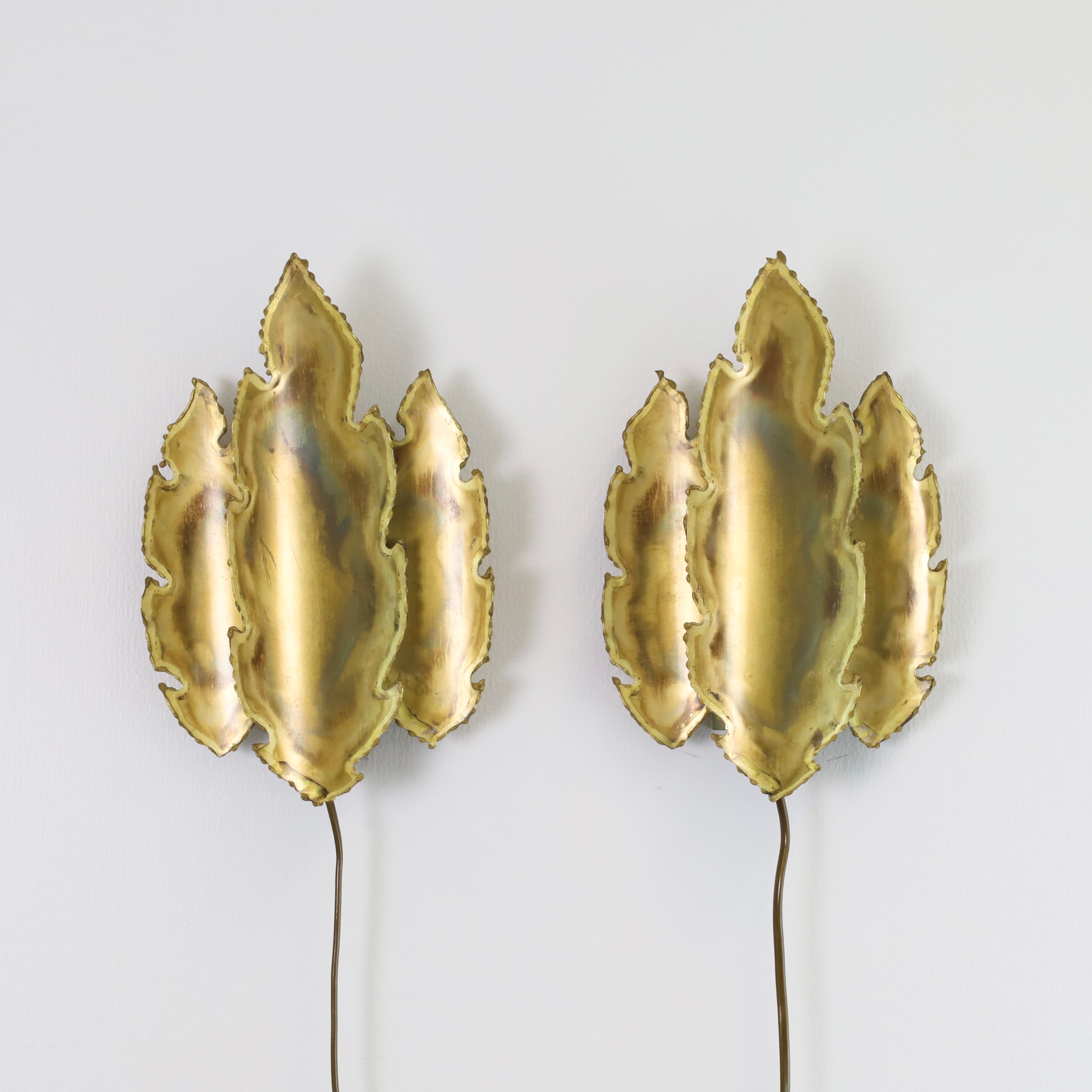 Pair of Leaf-Shaped Brass Wall Lamps by Svend Aage Holm Sorensen, 1960s, Denmark