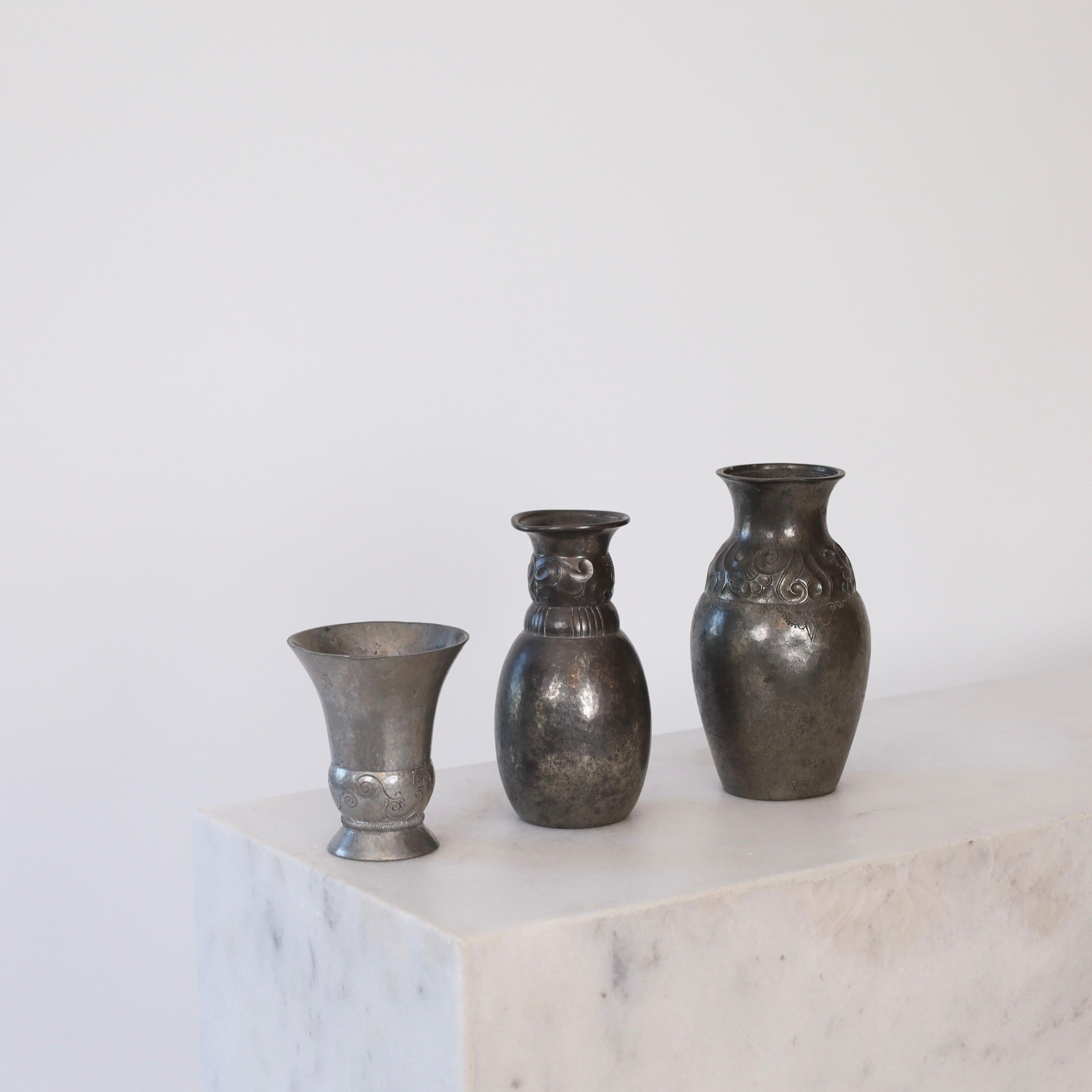 Danish Trio of Early Pewter vases by Just Andersen, 1920s, Denmark For Sale