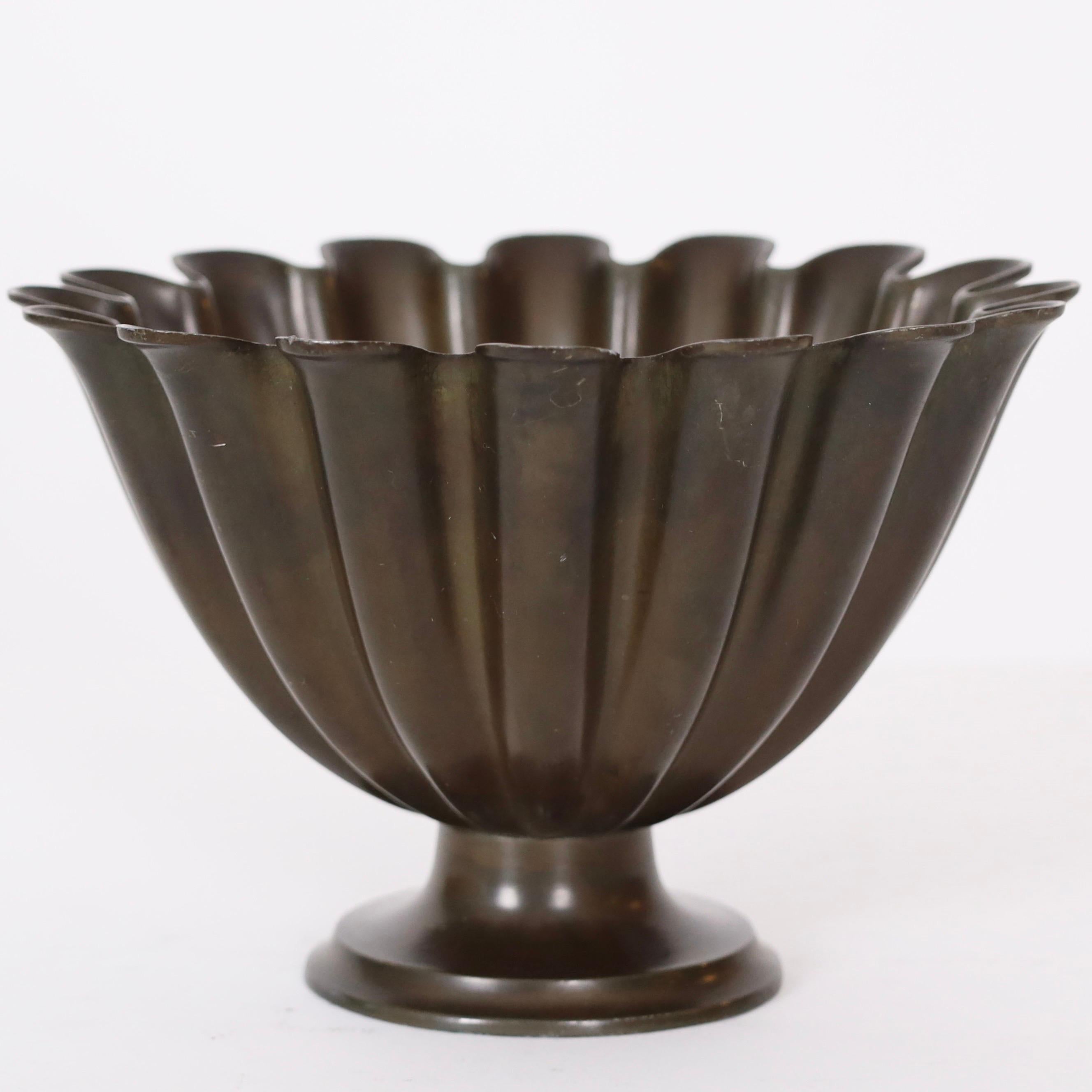 Metal Scalloped Pedestal Bowl by Just Andersen 1920s, Denmark For Sale