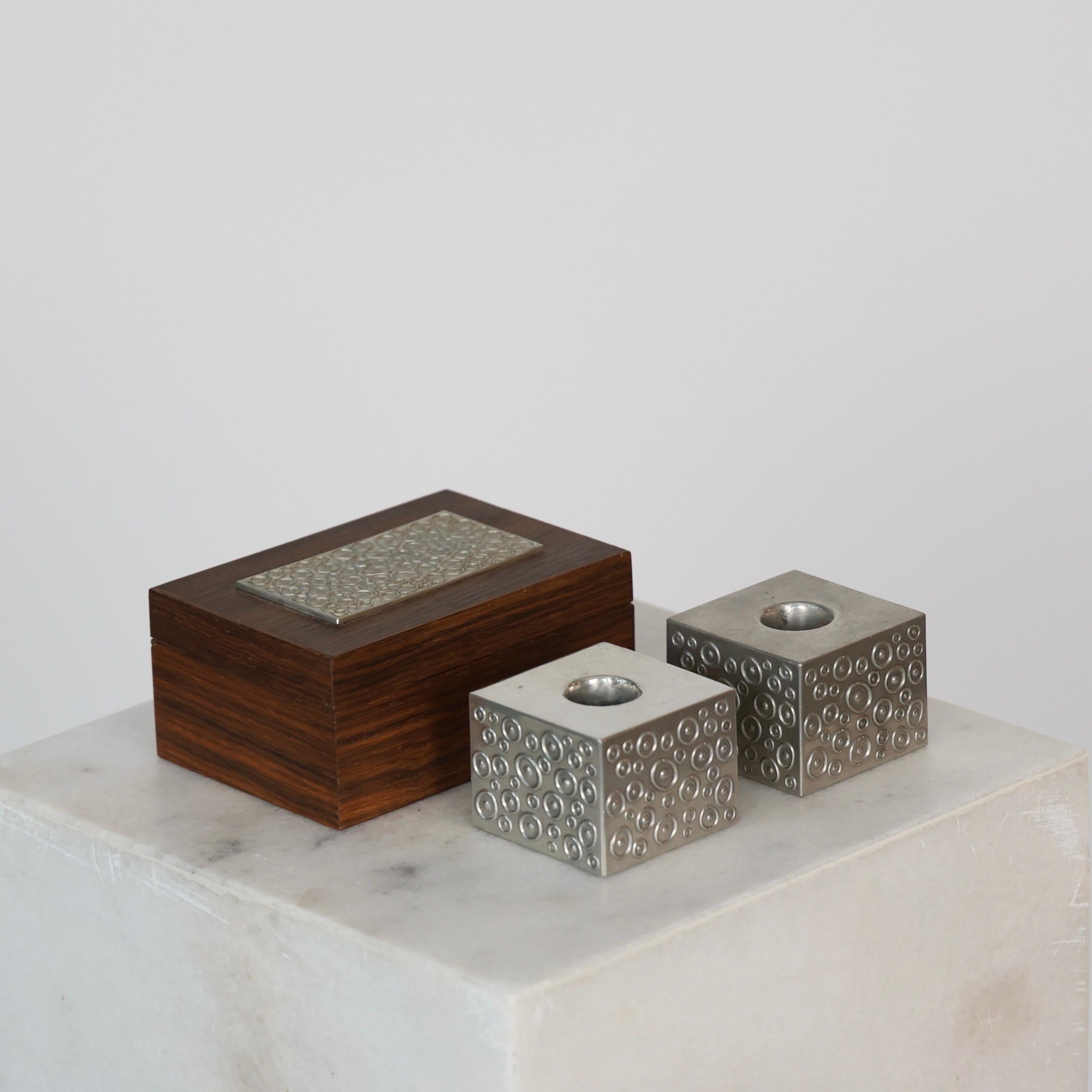 Mid-20th Century Wood Casket and Pewter Candlestick Holders by Just Andersen, 1950s, Denmark For Sale