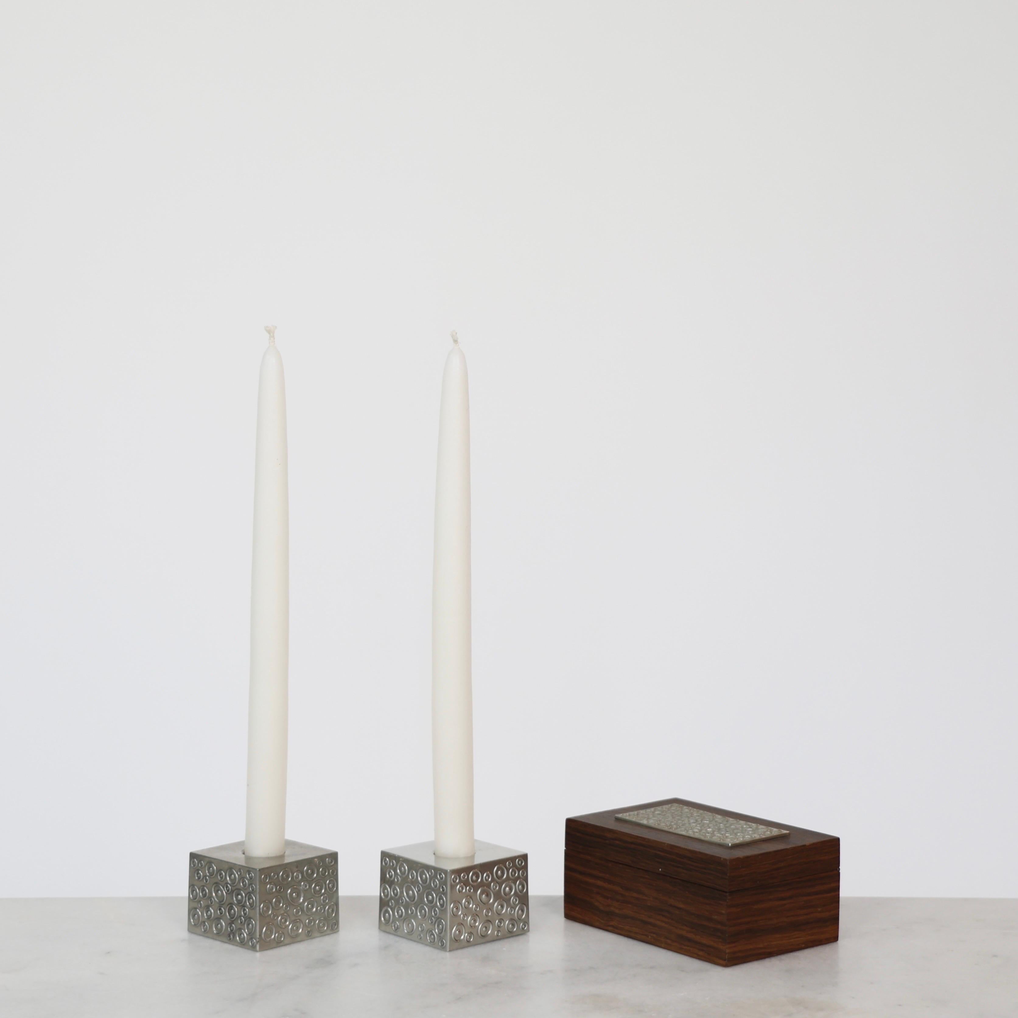 Danish Wood Casket and Pewter Candlestick Holders by Just Andersen, 1950s, Denmark For Sale