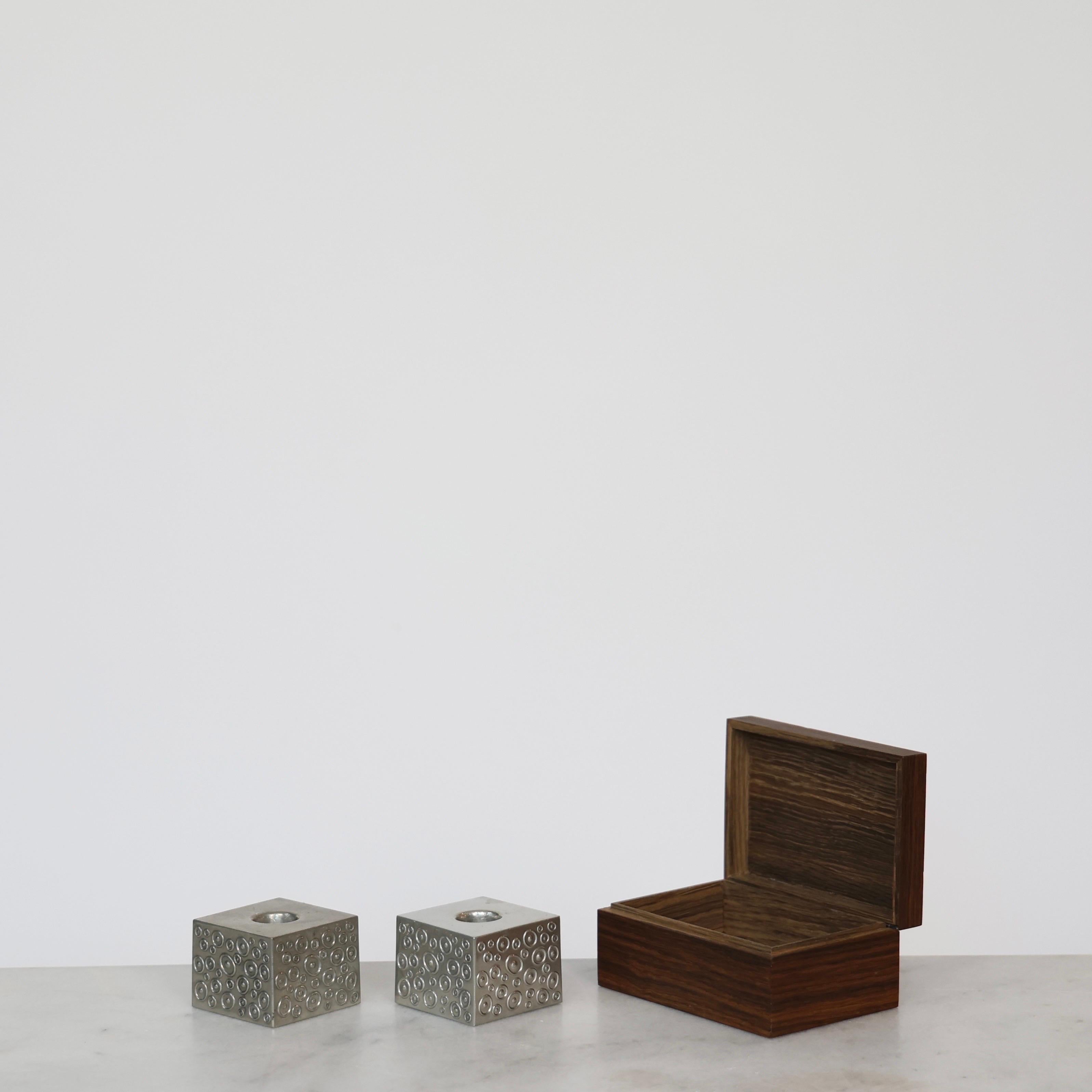 Wood Casket and Pewter Candlestick Holders by Just Andersen, 1950s, Denmark In Good Condition For Sale In Værløse, DK