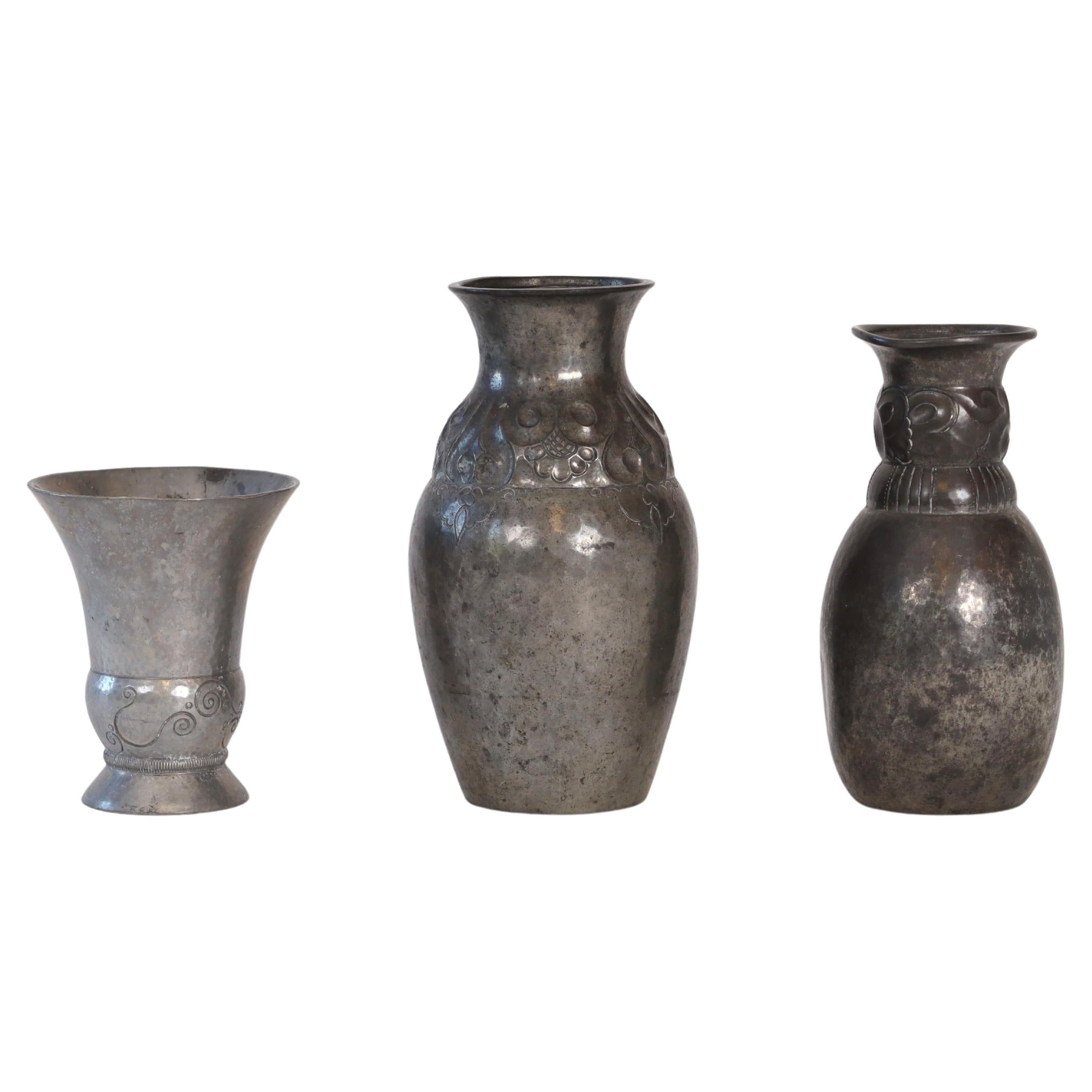 Trio of Early Pewter vases by Just Andersen, 1920s, Denmark For Sale