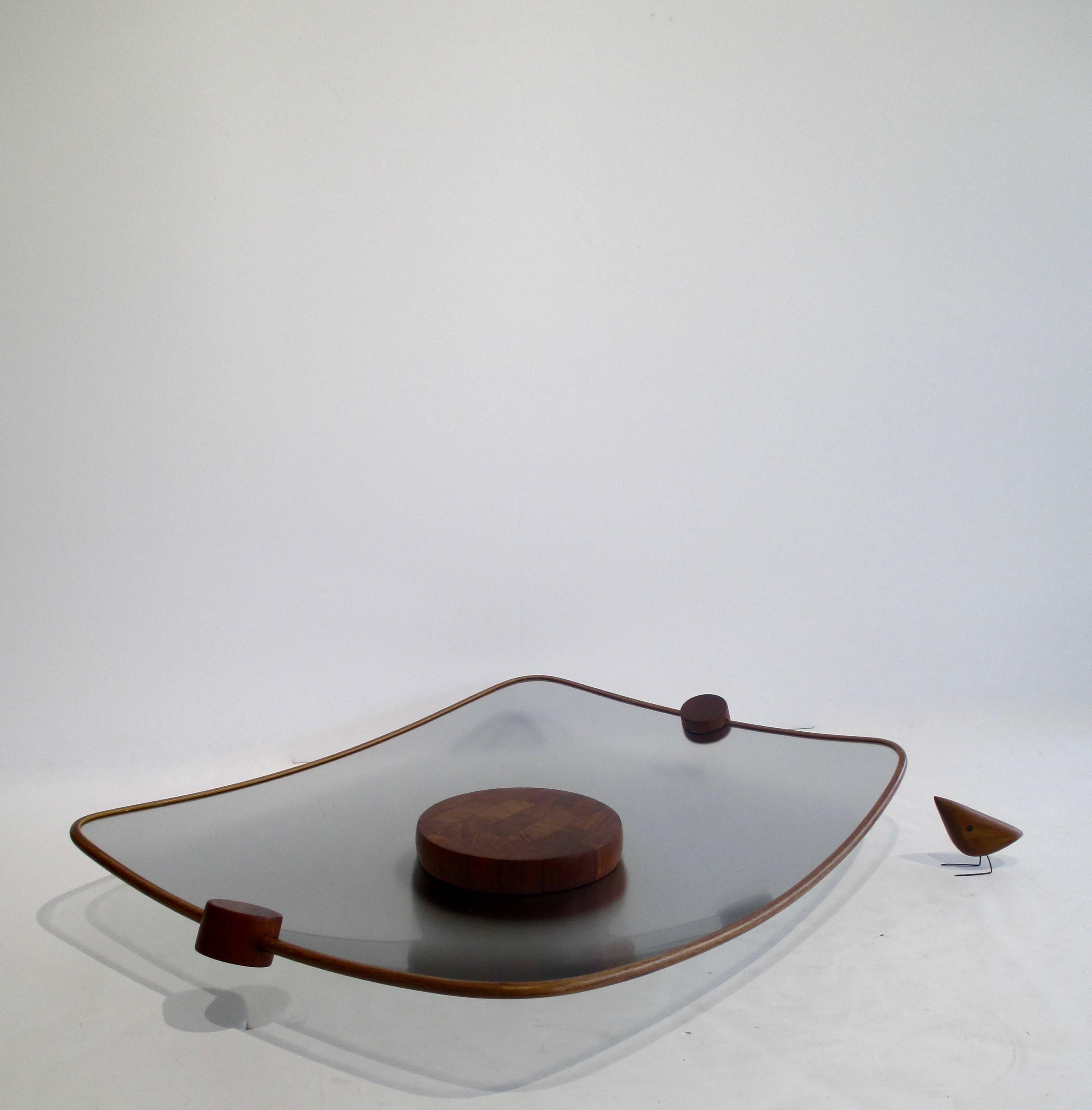 Modern Large Teak and Tinted Glass Tray by Ernest Sohn For Sale