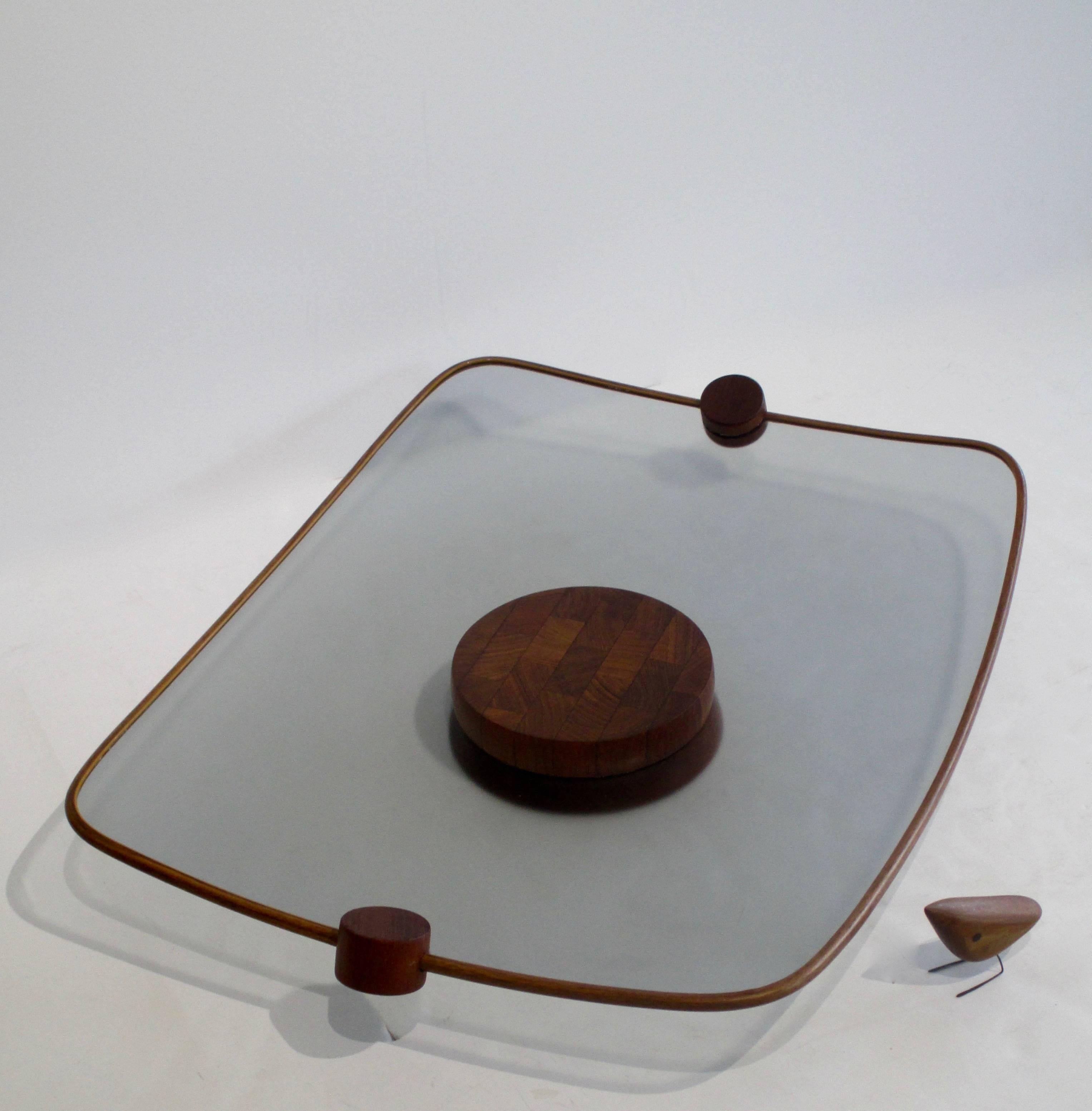 Repoussé Large Teak and Tinted Glass Tray by Ernest Sohn For Sale