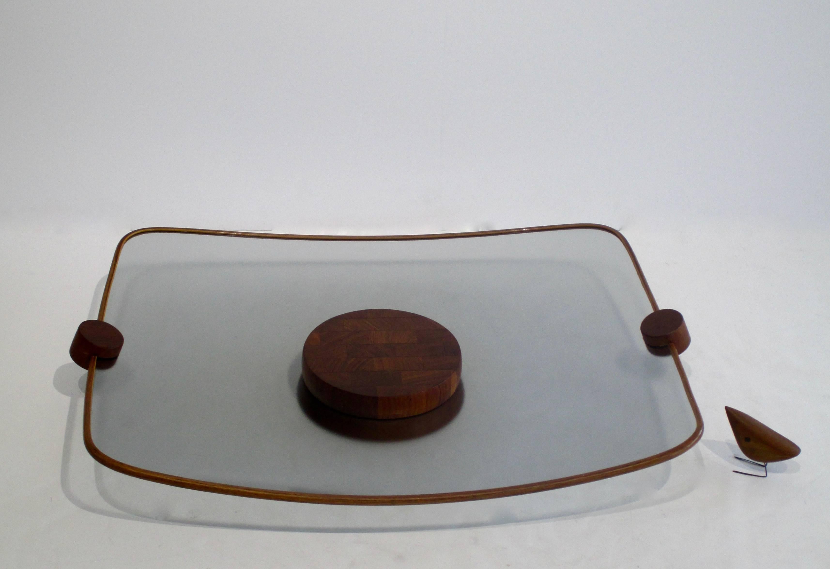 Hong Kong Large Teak and Tinted Glass Tray by Ernest Sohn For Sale