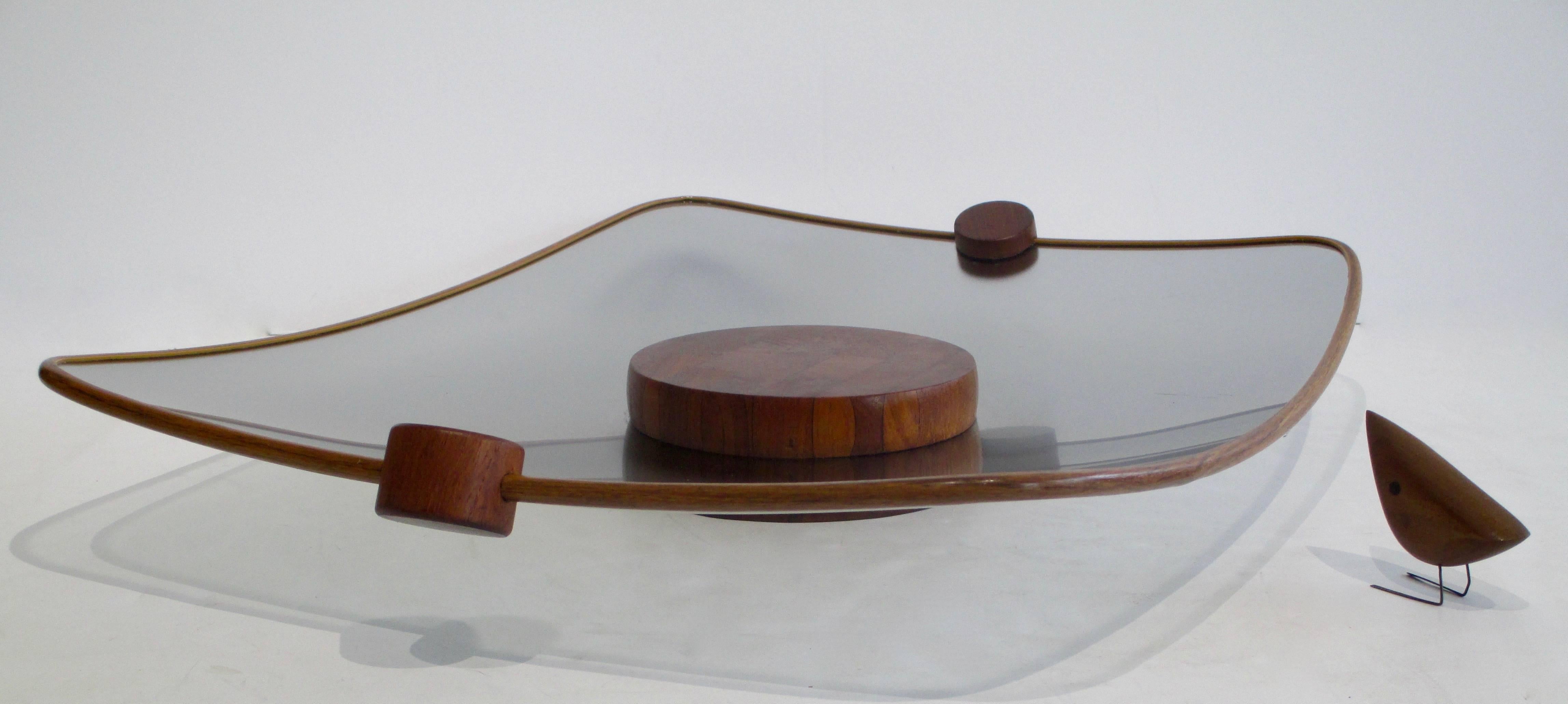 A special large vintage teak and gray tinted glass tray by Ernest Sohn, 1960s.