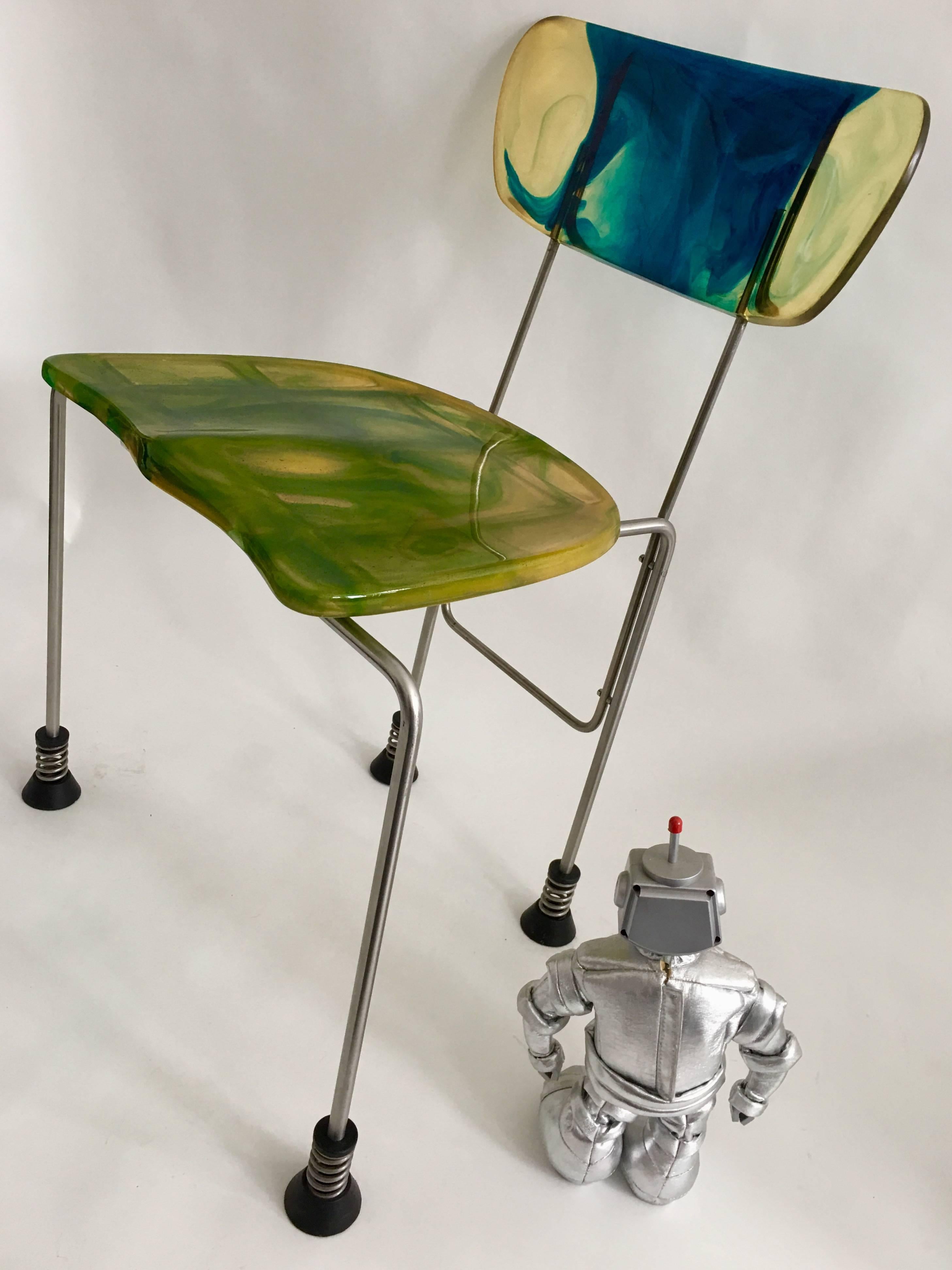 Gaetano Pesce side chair in stainless steel, resin seat and back steel with rubber feet.