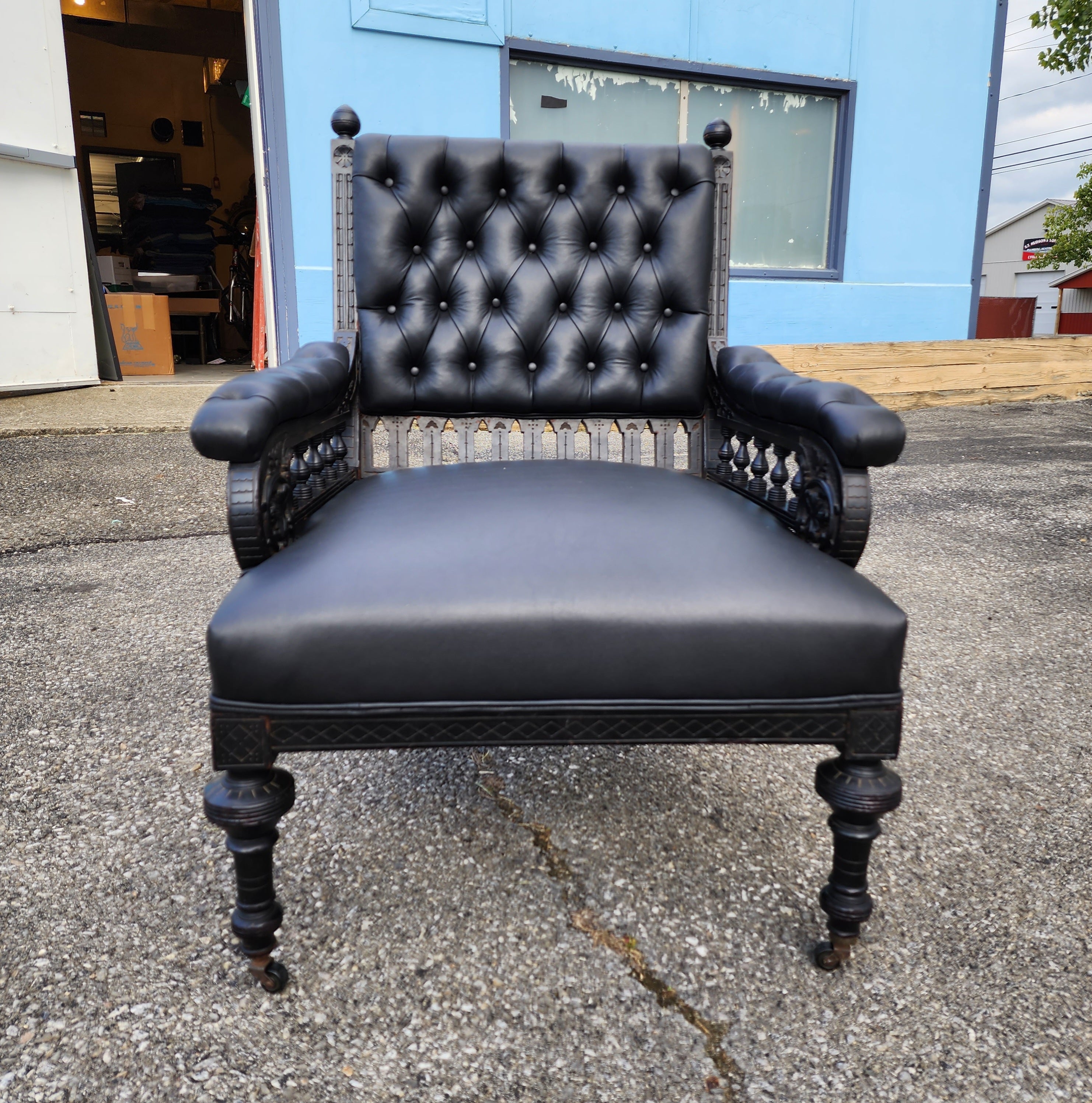 Renaissance Revival Library Chair in Carved and Ebonized Wood With Black Leather  For Sale