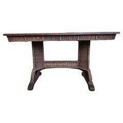  Wicker and Oak Library Table by Heywood Wakefield With Original Label 
