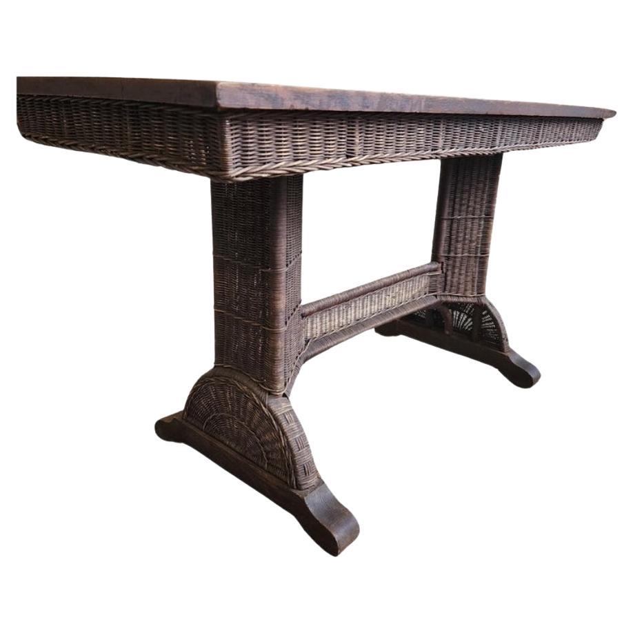 American Wicker and Oak Library Table by Heywood Wakefield With Original Label For Sale