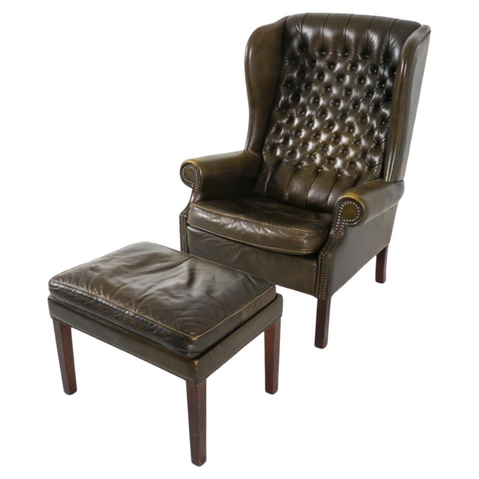 Scandinavian Mid Century Chesterfield Leather Wingback Chair and Ottoman