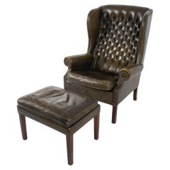 Scandinavian Mid Century Chesterfield Leather Wingback Chair and Ottoman