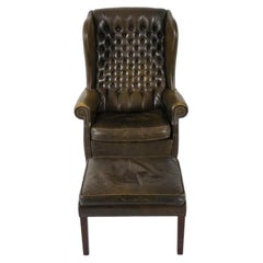 Scandinavian Mid Century Chesterfield Leather Wingback Chair and Ottoman