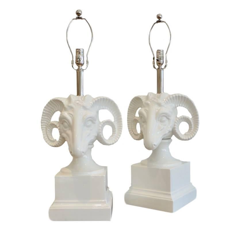 Pair of Ceramic Ram's Head Table Lamps For Sale