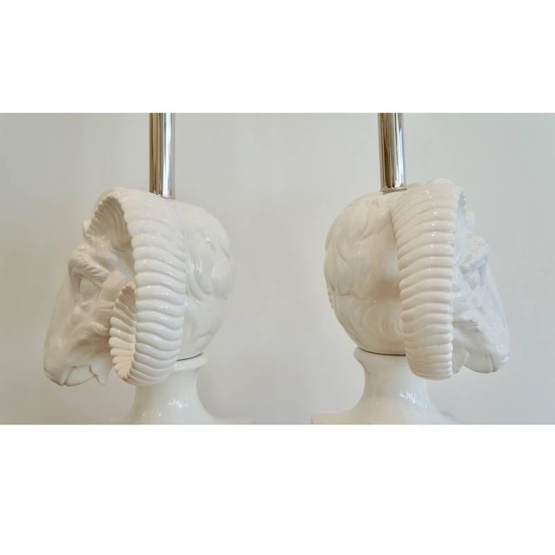 Hollywood Regency Pair of Ceramic Ram's Head Table Lamps For Sale
