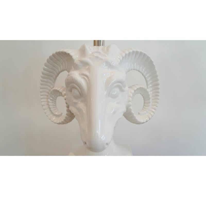 American Pair of Ceramic Ram's Head Table Lamps For Sale