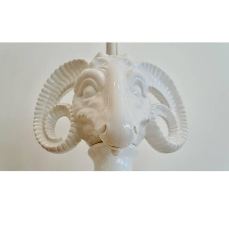 Pair of Ceramic Ram's Head Table Lamps In Excellent Condition For Sale In Los Angeles, CA
