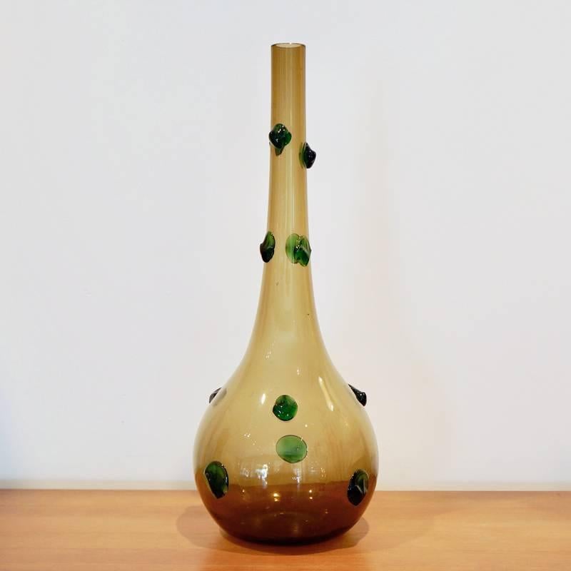Large 1960s Empoli glass vase with emerald green appliqués.