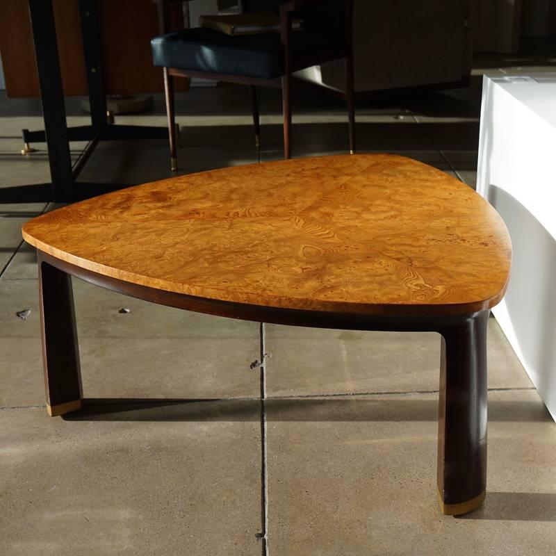 Edward Wormley Janus collection coffee table # 6029
Carpathian elm top, mahogany legs, brass sabots.
 