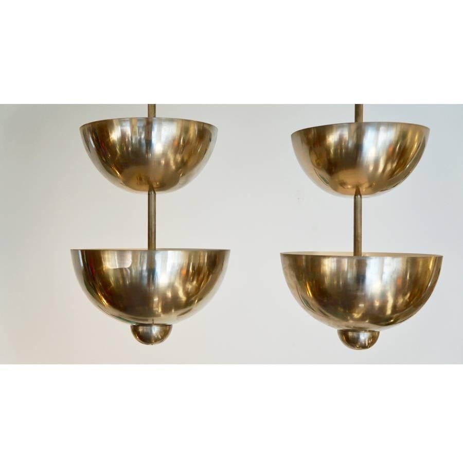 Mid-Century Modern Pair of Modernist French Graduated Dome Pendants For Sale